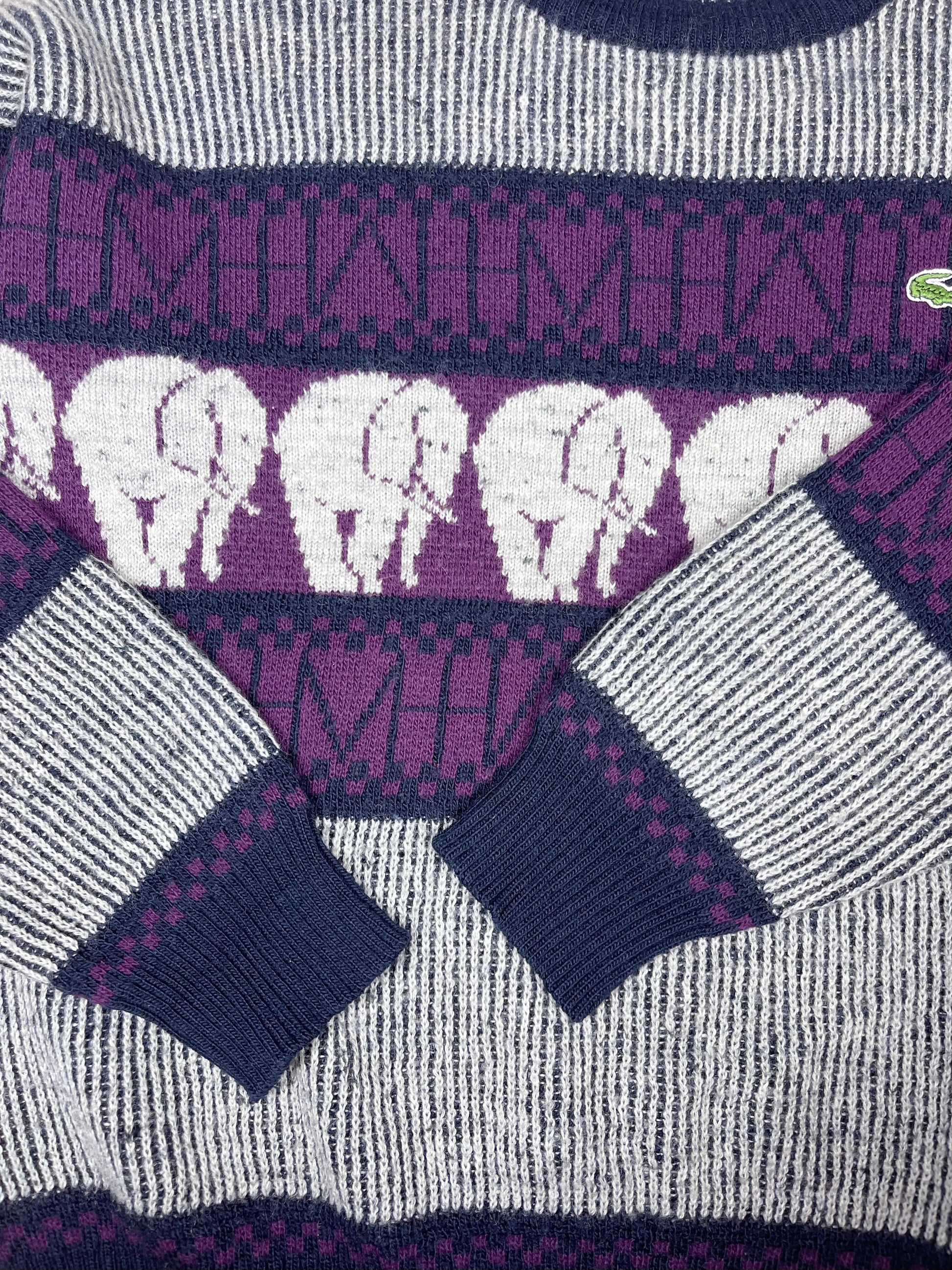 Vintage 80's Lacoste Chemise Jumper Made In France Elephants Pattern Wool Size L-XL Grey Purple
