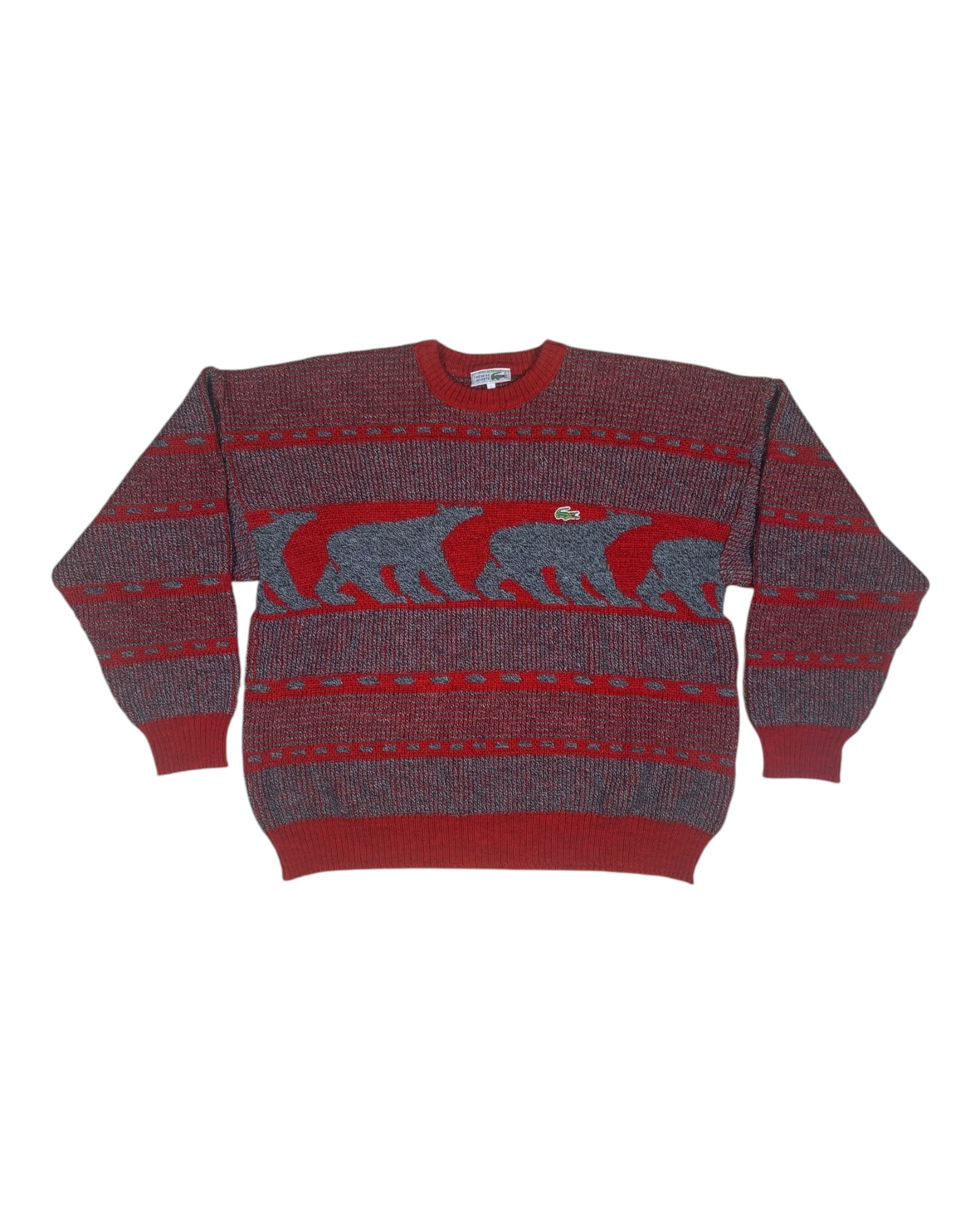 Lacoste Chemise Jumper Made in France Bears Grey Red Wool Acrylic Size 5 L-XL