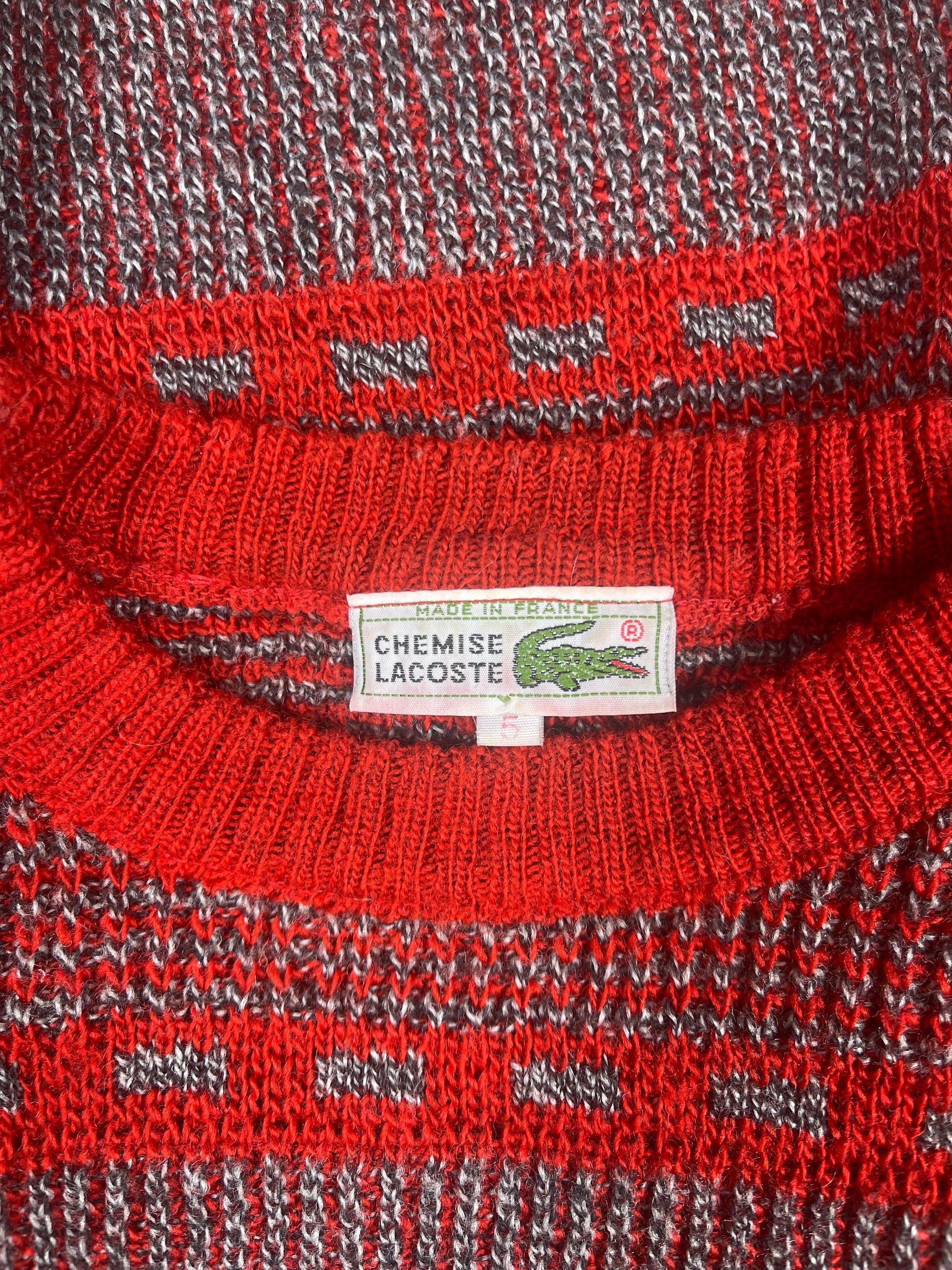 Lacoste Chemise Jumper Made in France Bears Grey Red Wool Acrylic Size 5 L-XL