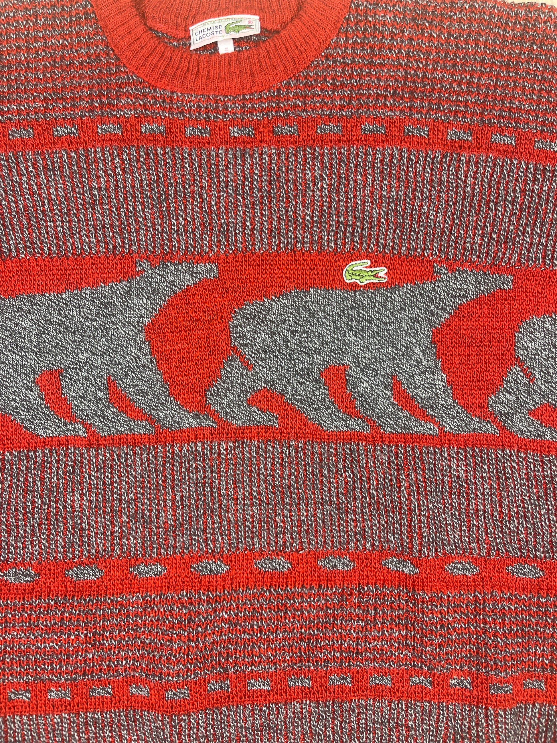 Lacoste Chemise Jumper Made in France Bears Grey Red Wool Acrylic Size 5 L-XL