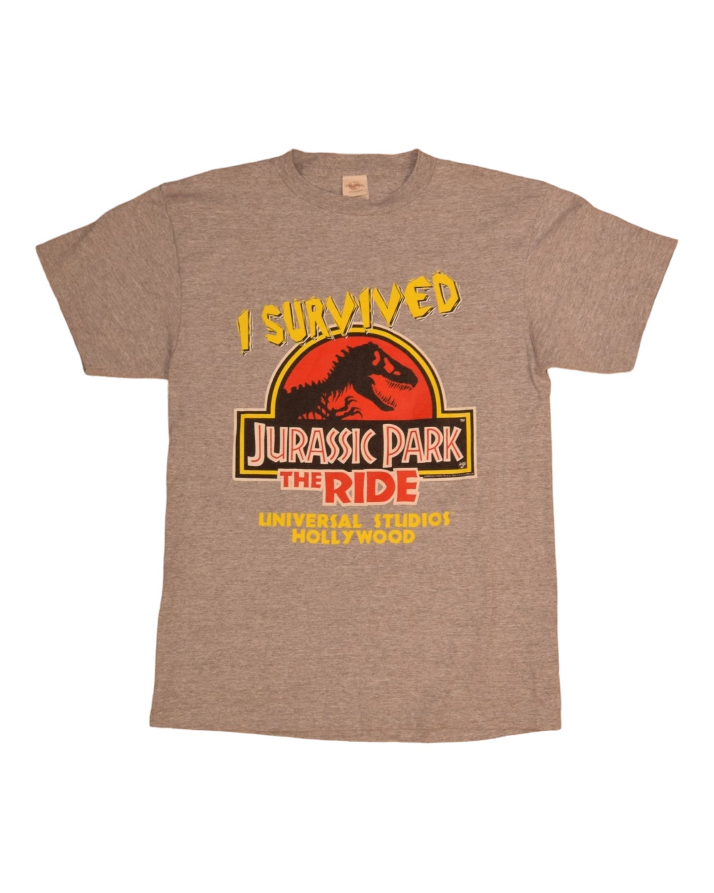 Vintage Jurassic Park The Ride 1996 T-Shirt Universal Studios Hollywood I Survived Steven Spielberg Made in USA Single Stitch Cotton Grey Size Large