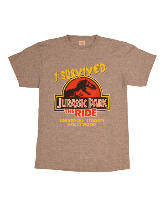 Vintage Jurassic Park The Ride 1996 T-Shirt Universal Studios Hollywood I Survived Steven Spielberg Made in USA Single Stitch Cotton Grey Size Large