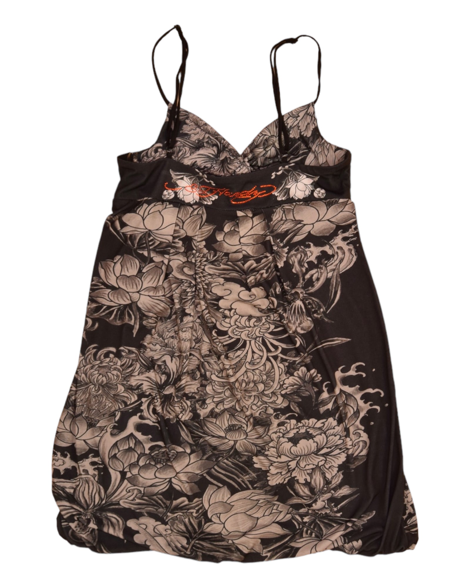 Y2K Ed Hardy by Christian Audigier Short Dress Made In USA Tattoo Rhinestones Skull Flowers Adjustable Straps