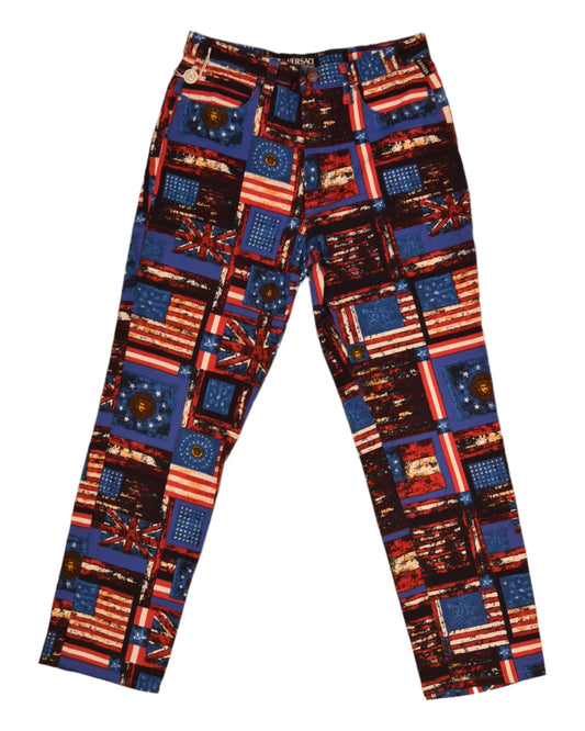 90's Versace Jeans Couture Trousers USA UK Flag Medusa Pattern Ittierre Made in Italy