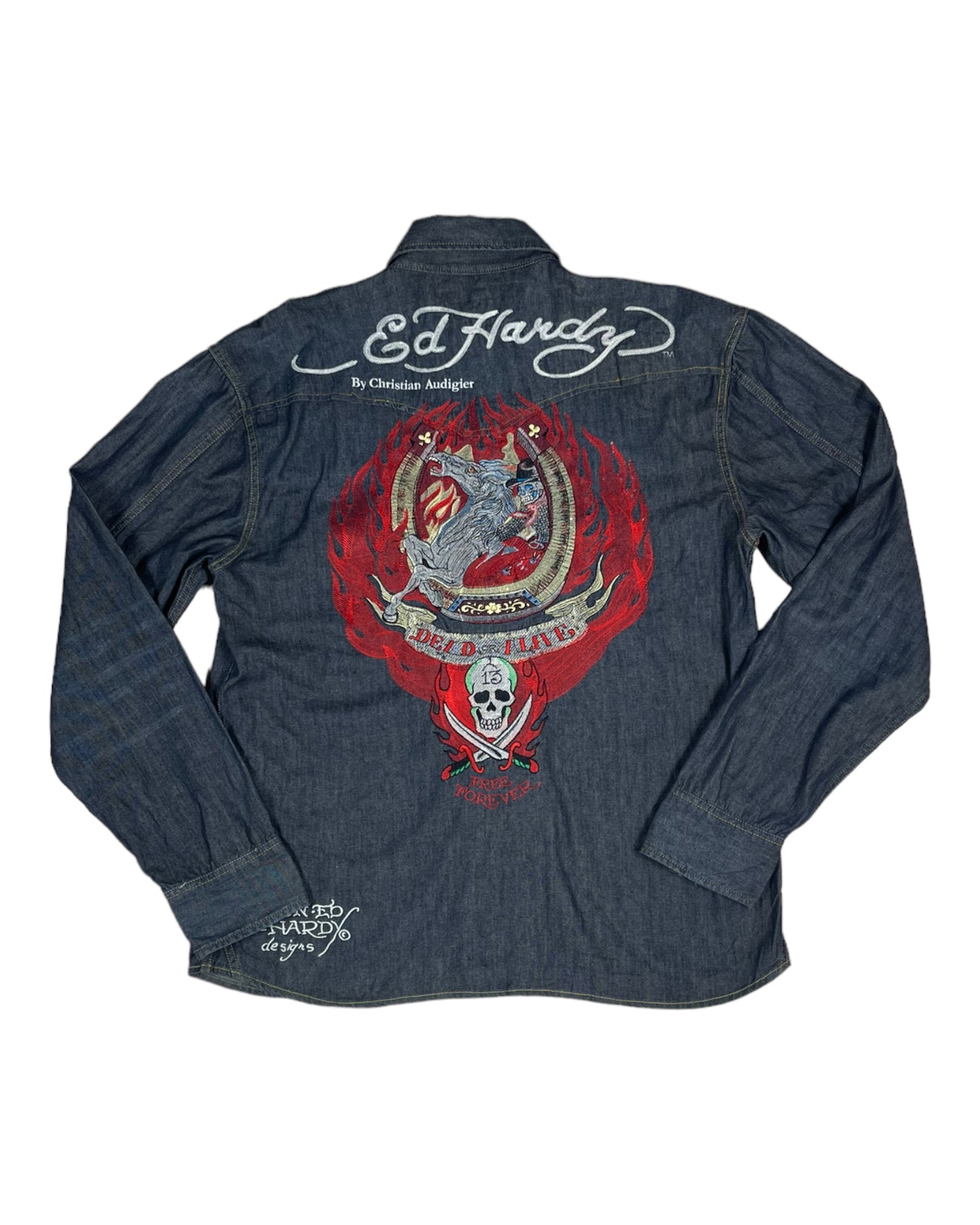 Y2K Ed Hardy by Christian Audigier Denim Shirt Tattoo Dead or Live Size XXL