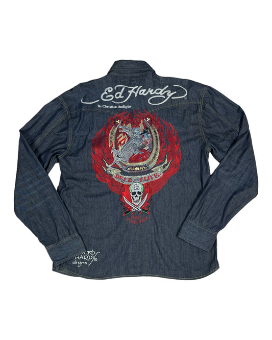 Y2K Ed Hardy by Christian Audigier Denim Shirt Tattoo Dead or Live Size XXL
