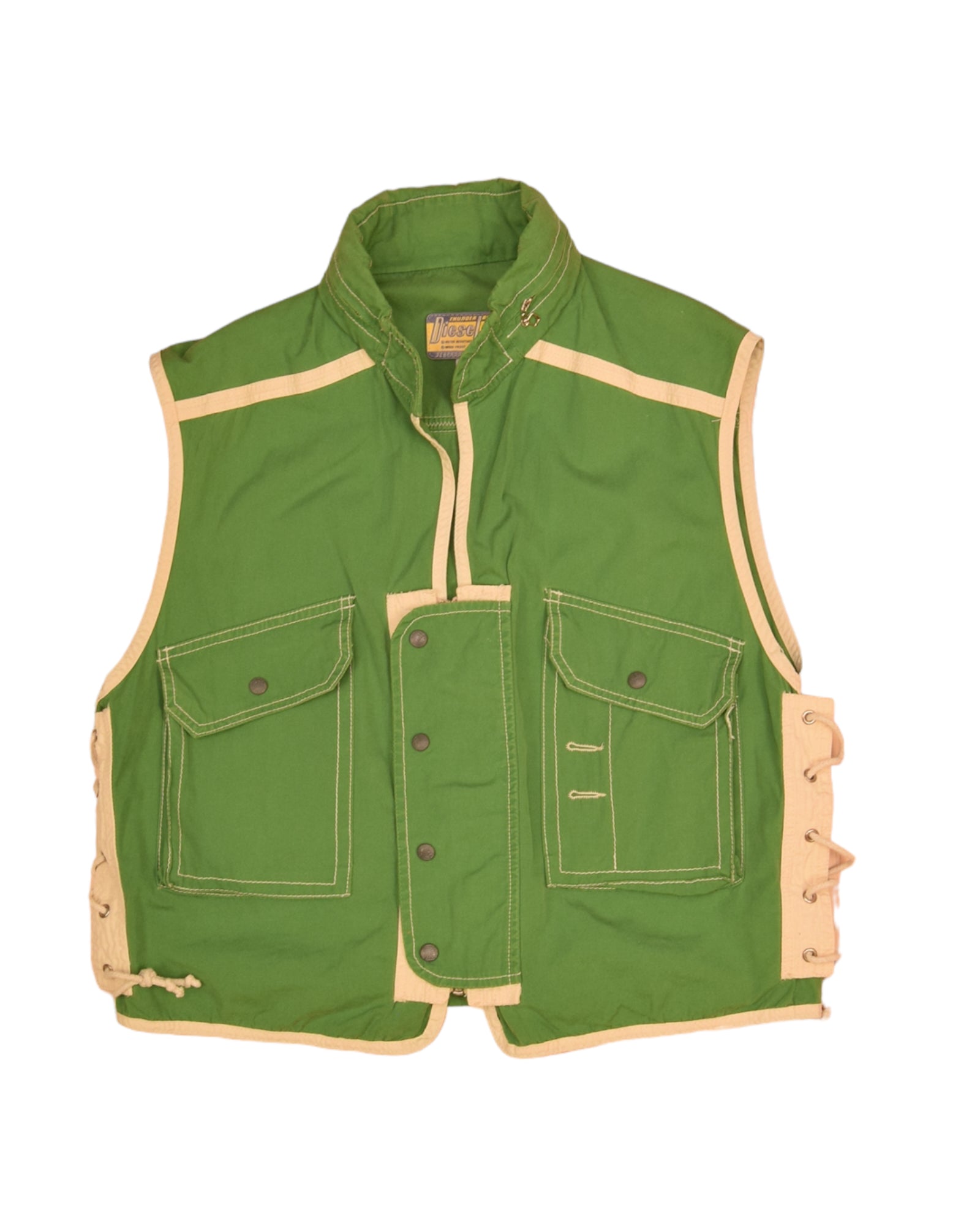 Vintage 80's Diesel Thunder Boating Vest Utilitarian Technical Water Resistant Wind Proof Seaproof Outboard Repair Diesel Inc. Everything Nautical Made in Italy Size L Green
