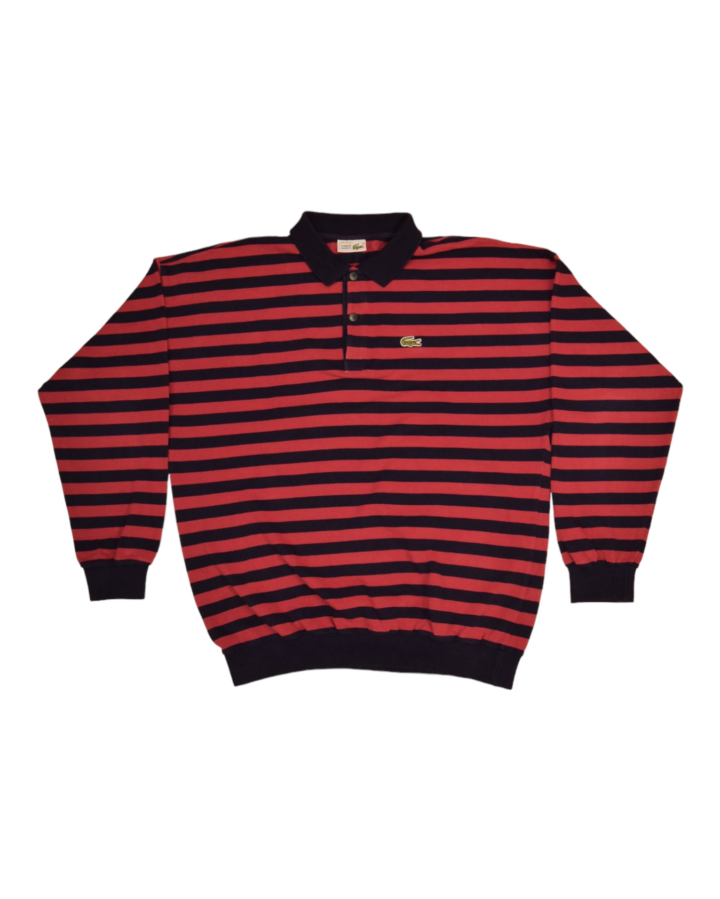 Vintage 80's Lacoste Chemise Pique Polo Sweatshirt Made in France Size XL-XXL Horizontal Stripes Coral Blue