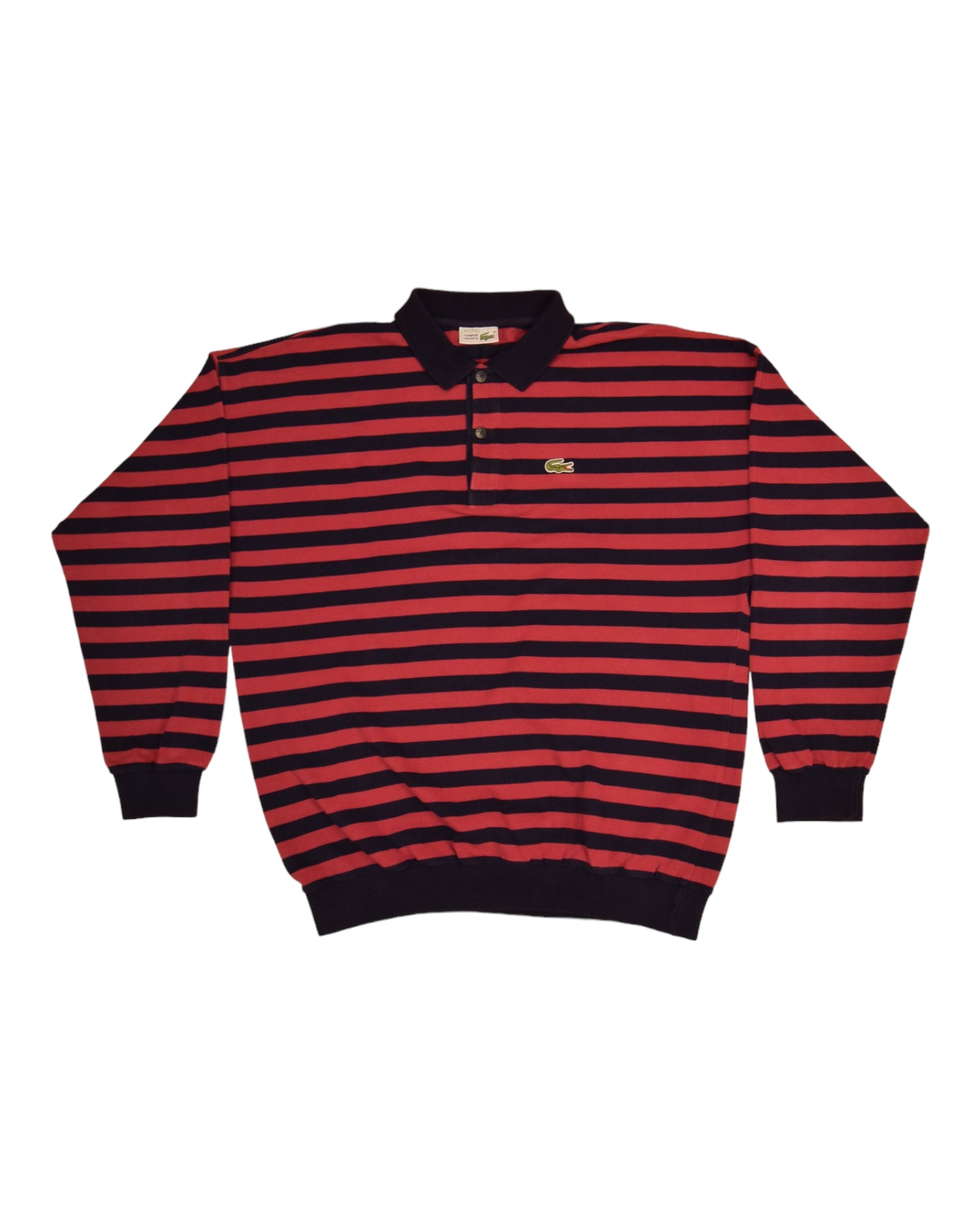 Vintage 80's Lacoste Chemise Pique Polo Sweatshirt Made in France Size XL-XXL Horizontal Stripes Coral Blue