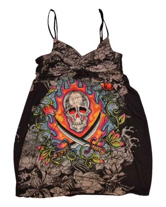 Y2K Ed Hardy by Christian Audigier Short Dress Made In USA Tattoo Rhinestones Skull Flowers Adjustable Straps