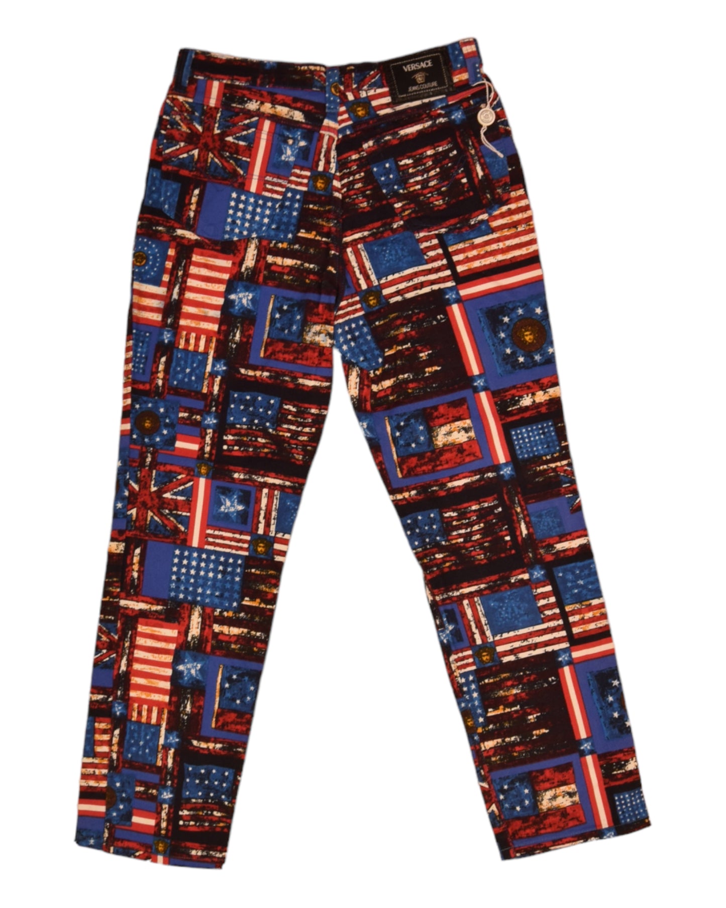 90's Versace Jeans Couture Trousers USA UK Flag Medusa Pattern Ittierre Made in Italy