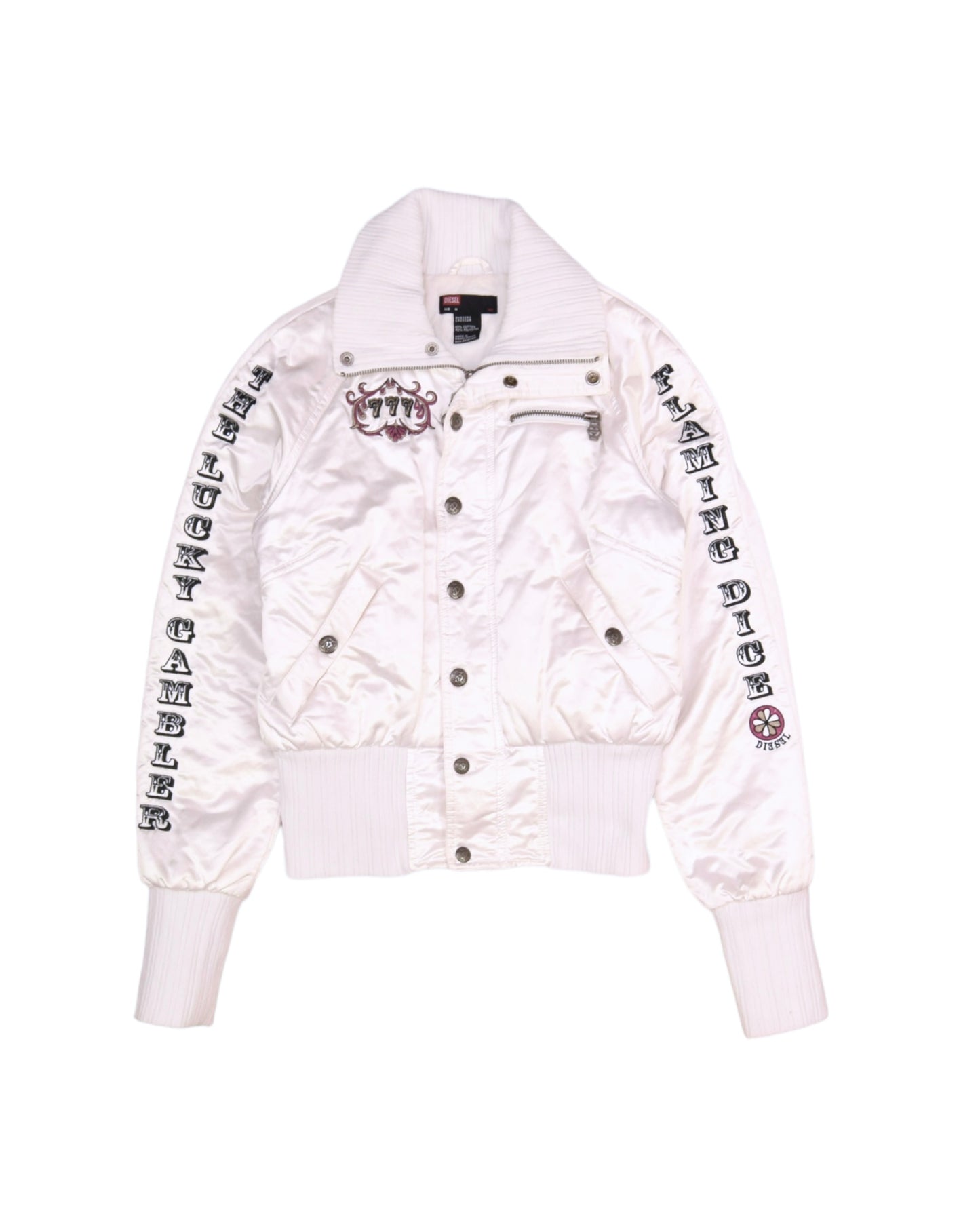 Y2K 00's Diesel Shiny White Jacket Size S-M The Lucky Gamble Flaming Dice The Jolly Joker 777