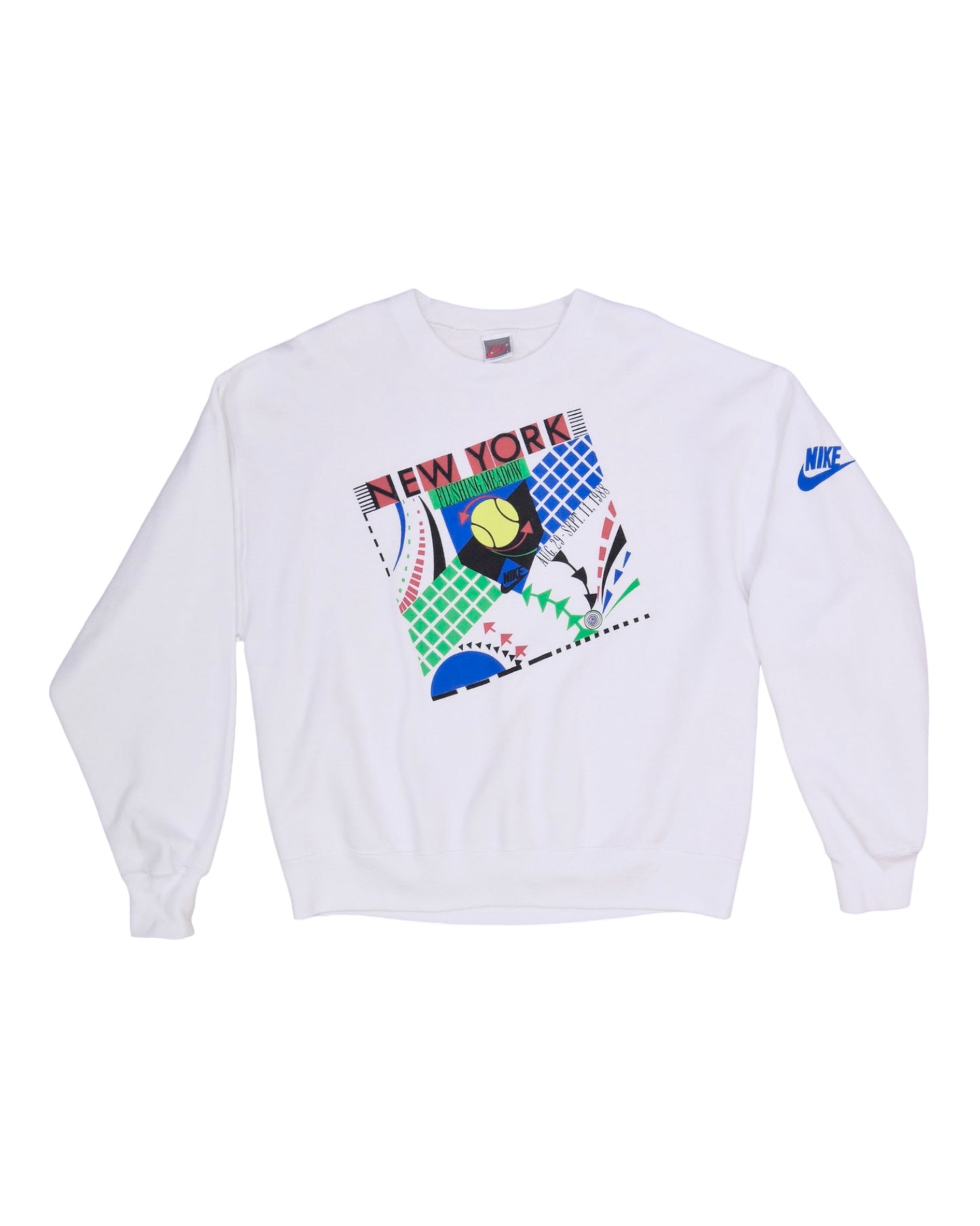 Nike Tennis US Open Flushing Meadow Aug 29 - Sept 11 1988 Sweatshirt Made in USA Memphis Design Aesthetic White Size L Silver Tag