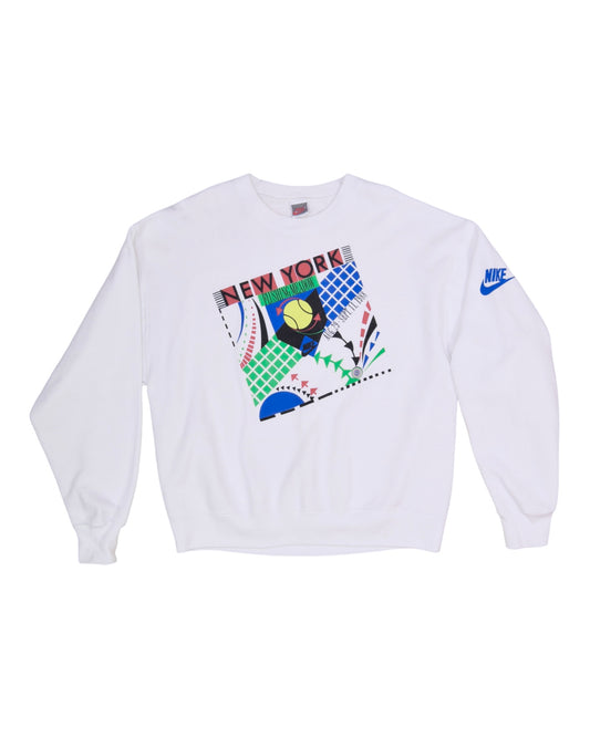 Nike Tennis US Open Flushing Meadow Aug 29 - Sept 11 1988 Sweatshirt Made in USA Memphis Design Aesthetic White Size L Silver Tag