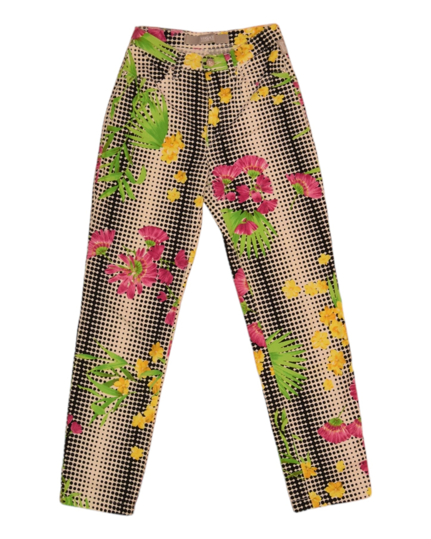 Vintage Versace Jeans Couture Medusa Thin Trousers Floral Op Art Pattern Floral Tropical Print Dot Grid Made in Italy Ittierre