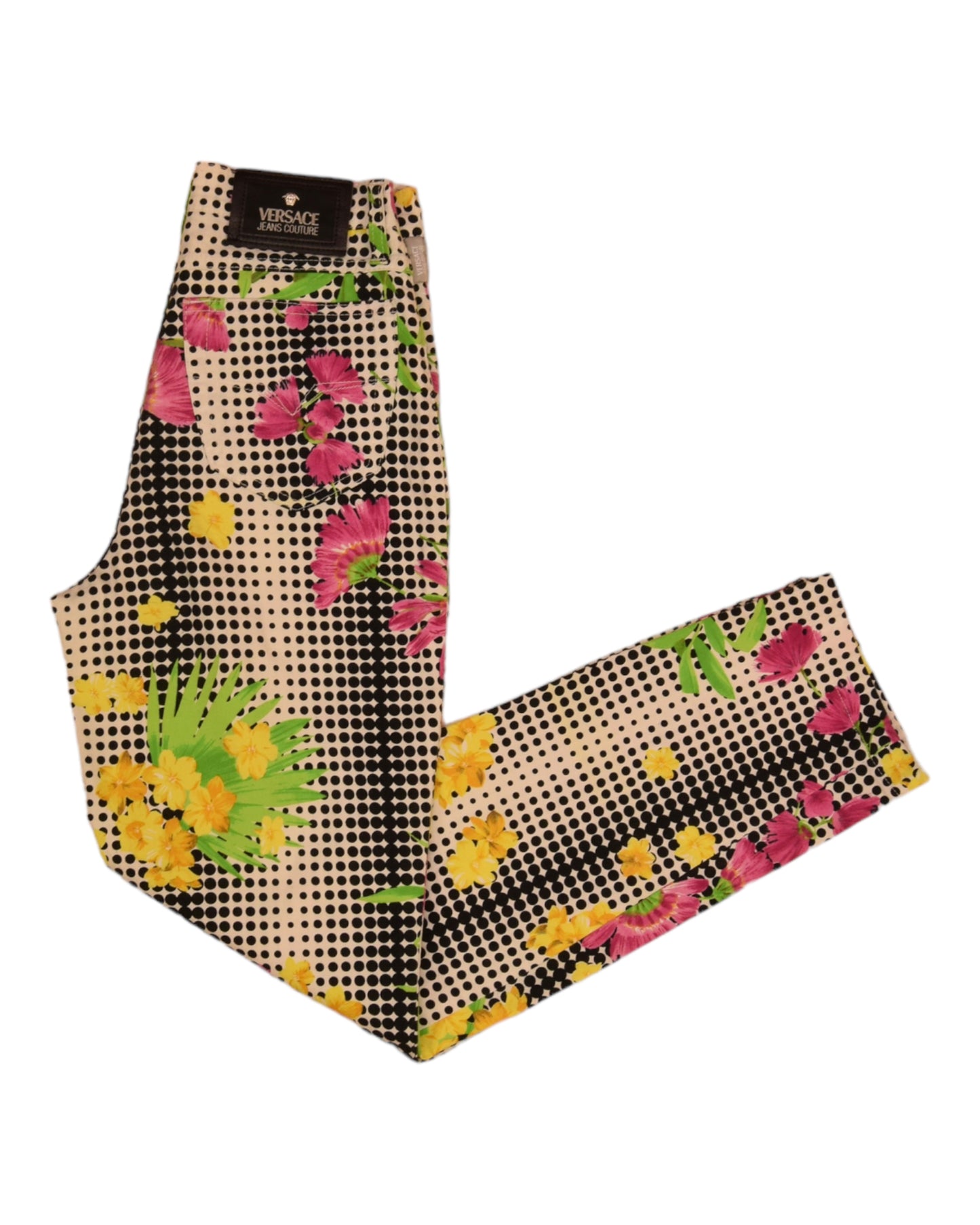 Vintage Versace Jeans Couture Medusa Thin Trousers Floral Op Art Pattern Floral Tropical Print Dot Grid Made in Italy Ittierre