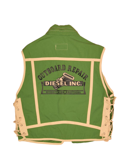 Vintage 80's Diesel Thunder Boating Vest Utilitarian Technical Water Resistant Wind Proof Seaproof Outboard Repair Diesel Inc. Everything Nautical Made in Italy Size L Green