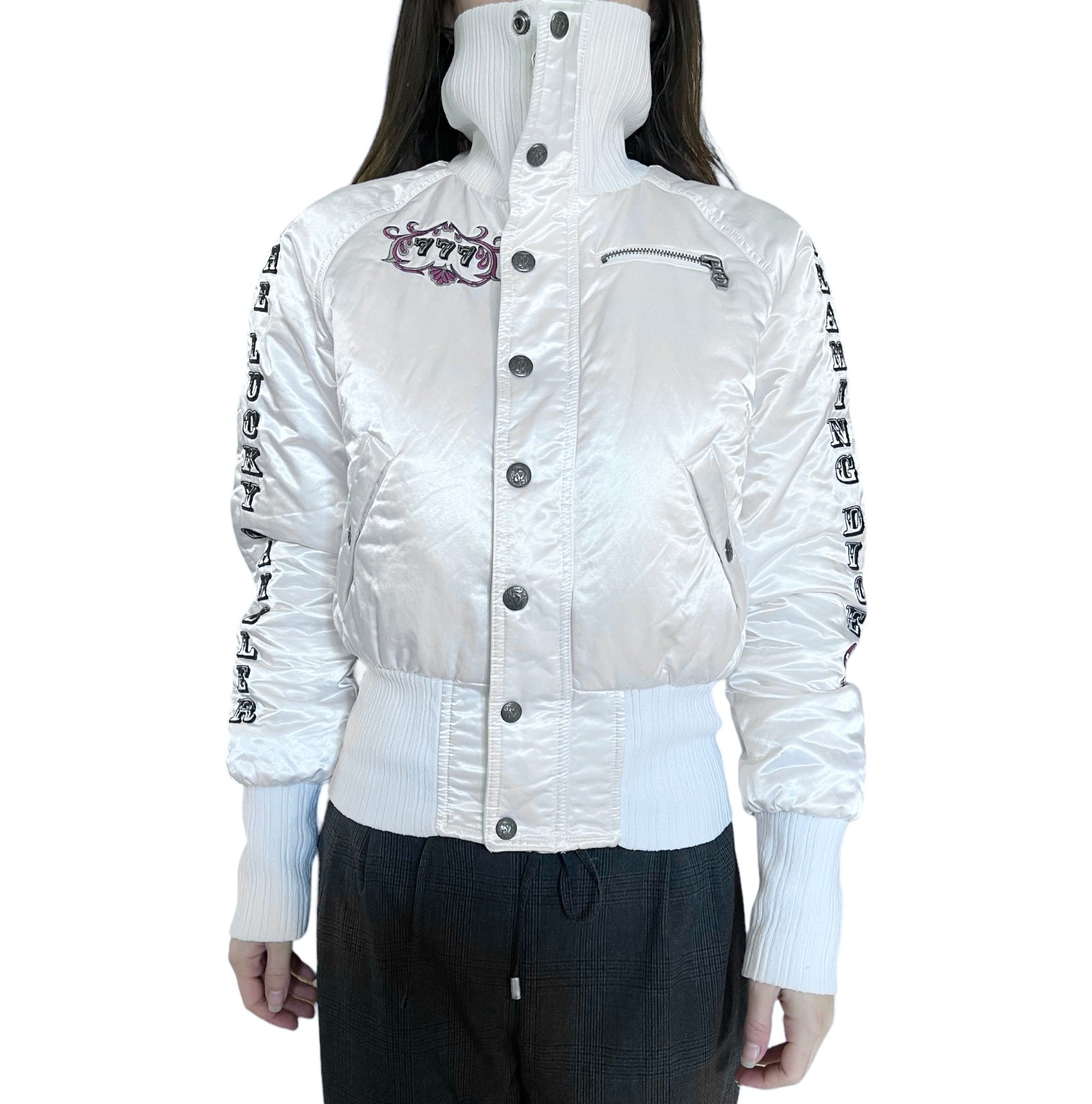 Y2K 00's Diesel Shiny White Jacket Size S-M The Lucky Gamble Flaming Dice The Jolly Joker 777