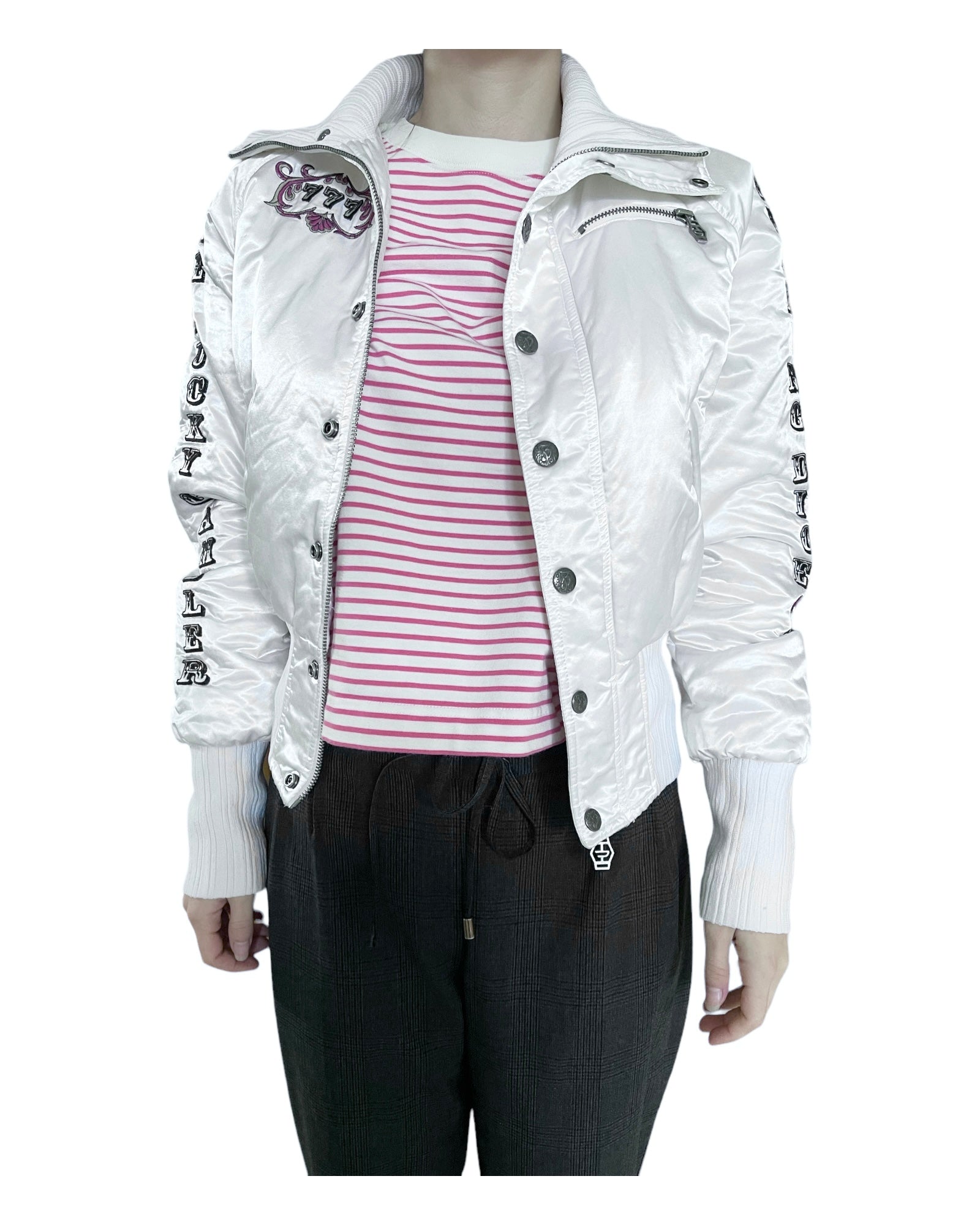 Y2K 00's Diesel Shiny White Jacket Size S-M The Lucky Gamble Flaming Dice The Jolly Joker 777