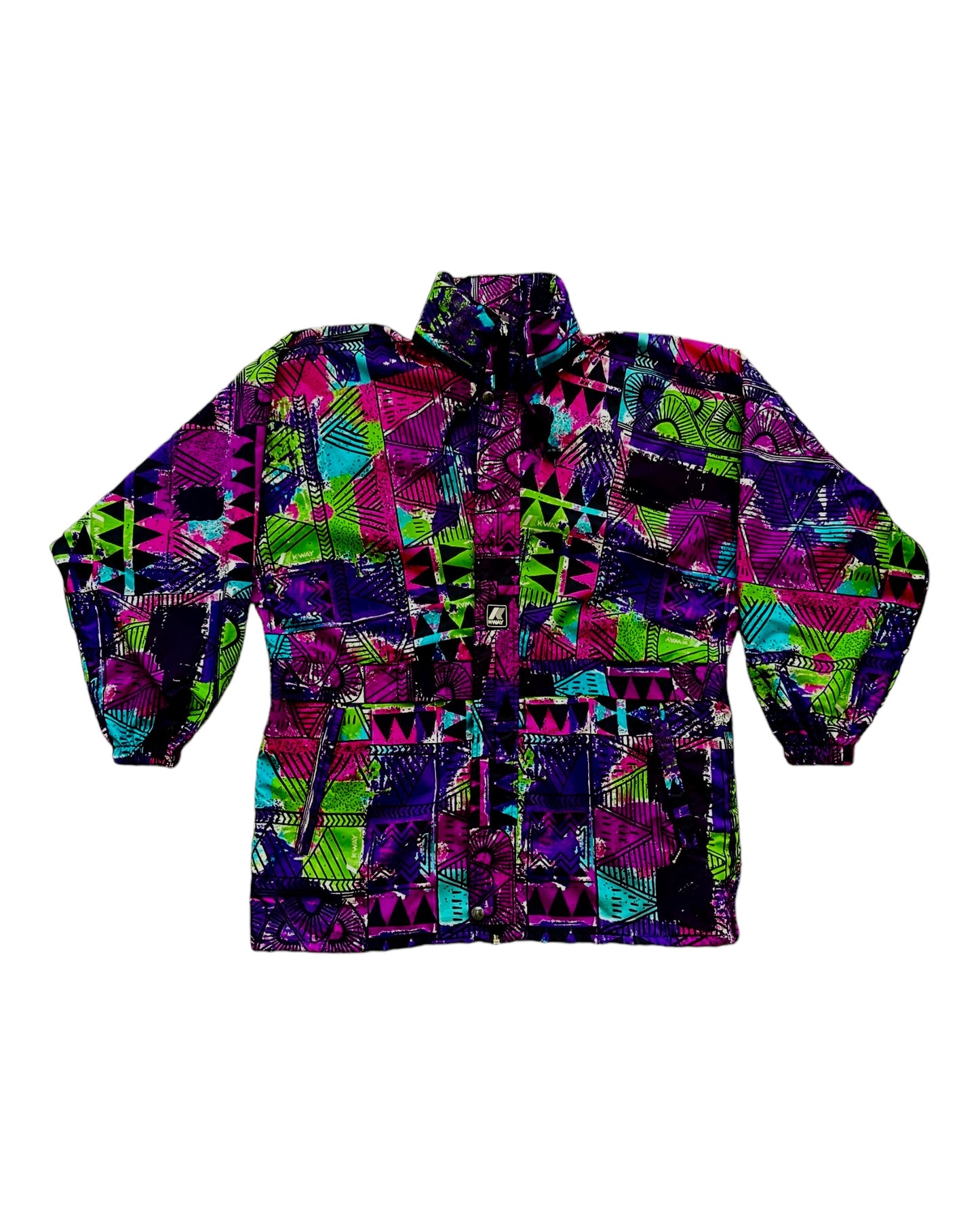 Vintage 90'S K-WAY Windbreaker With Hood Abstract Pattern Multicolour Size M