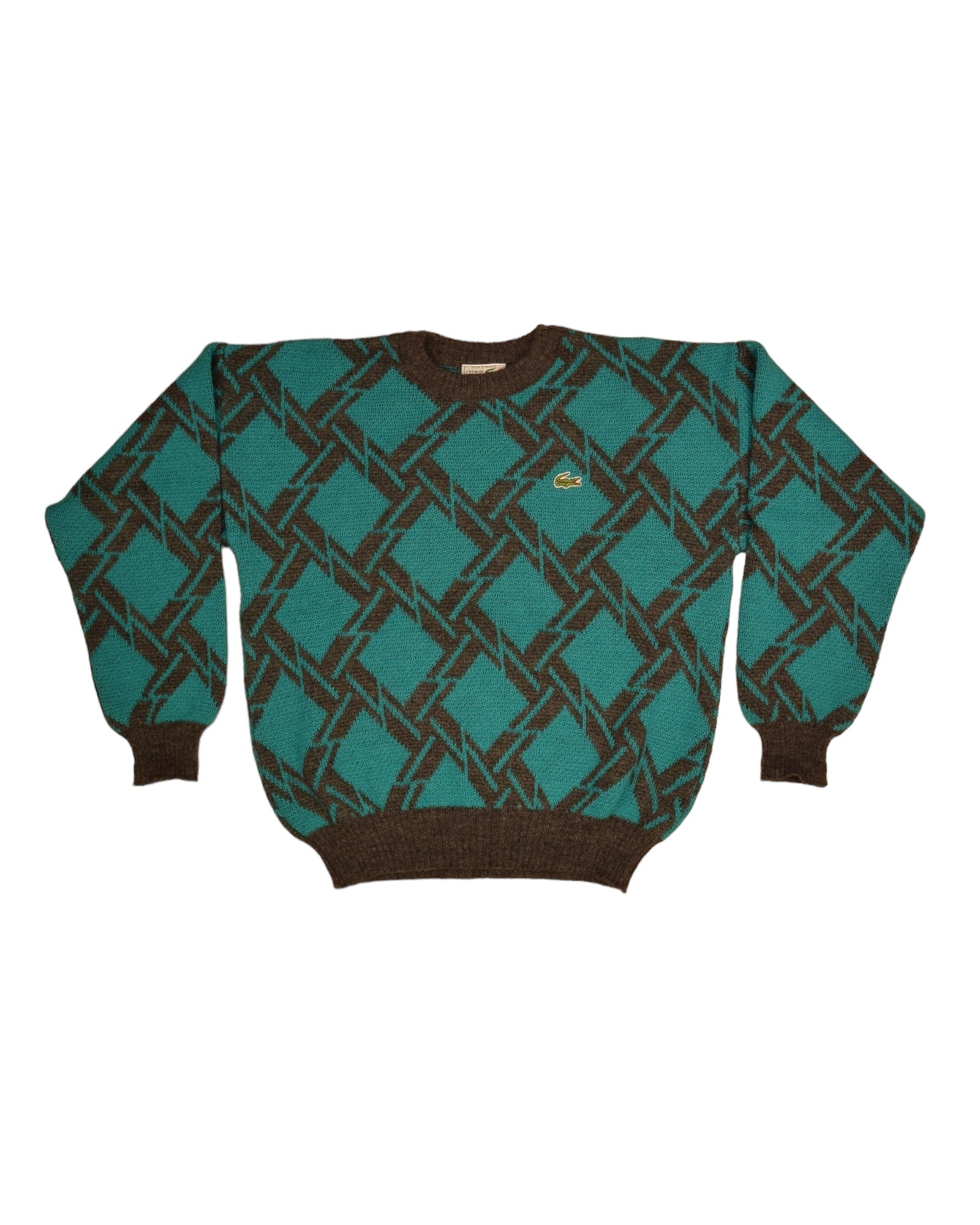 Vintage 80's Lacoste Jumper Made in France Green Grey Abstract Pattern Wool Size M-L