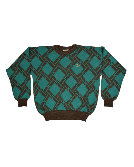 Vintage 80's Lacoste Jumper Made in France Green Grey Abstract Pattern Wool Size M-L