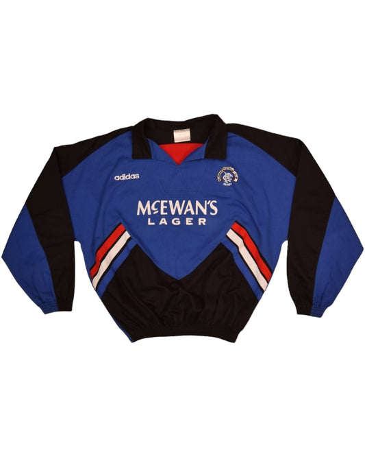 Vintage Glasgow Rangers Adidas Dril Top Sweatshirt 1994 1995 McEwans Lager Made in UK Black Blue Cotton Size 44/46 XL