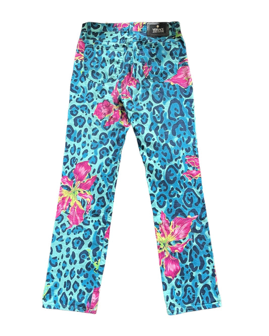 Y2K Versace Jeans Couture Ittierre Medusa Pants Made in Italy Animal Leopard Floral Flower Lilac Print Mid Waist Cotton