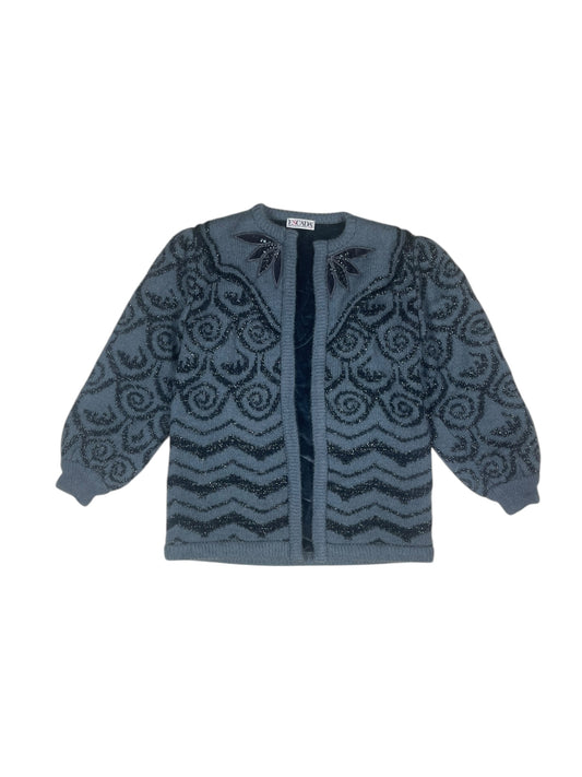 Vintage 80's Escada Thick Cardigan Jacket Rhinestones & Metallic Thread Made in Western Germany Size S Mohair Wool Dark Grey