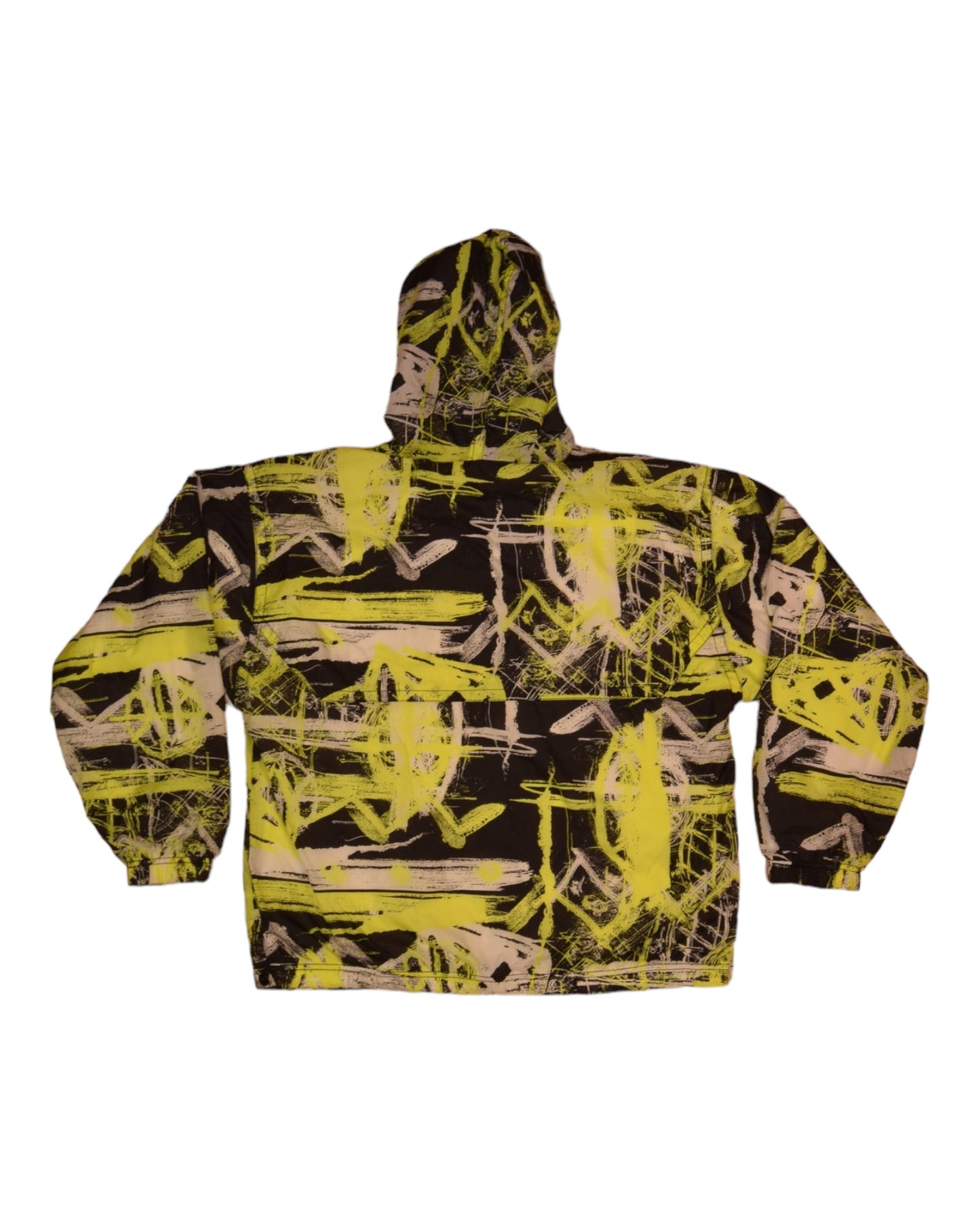 Vintage 90'S Nike Just Do It Hooded Shell Jacket Quarter 1/4 Zip Abstract Pattern Size M Black White Neon Yellow