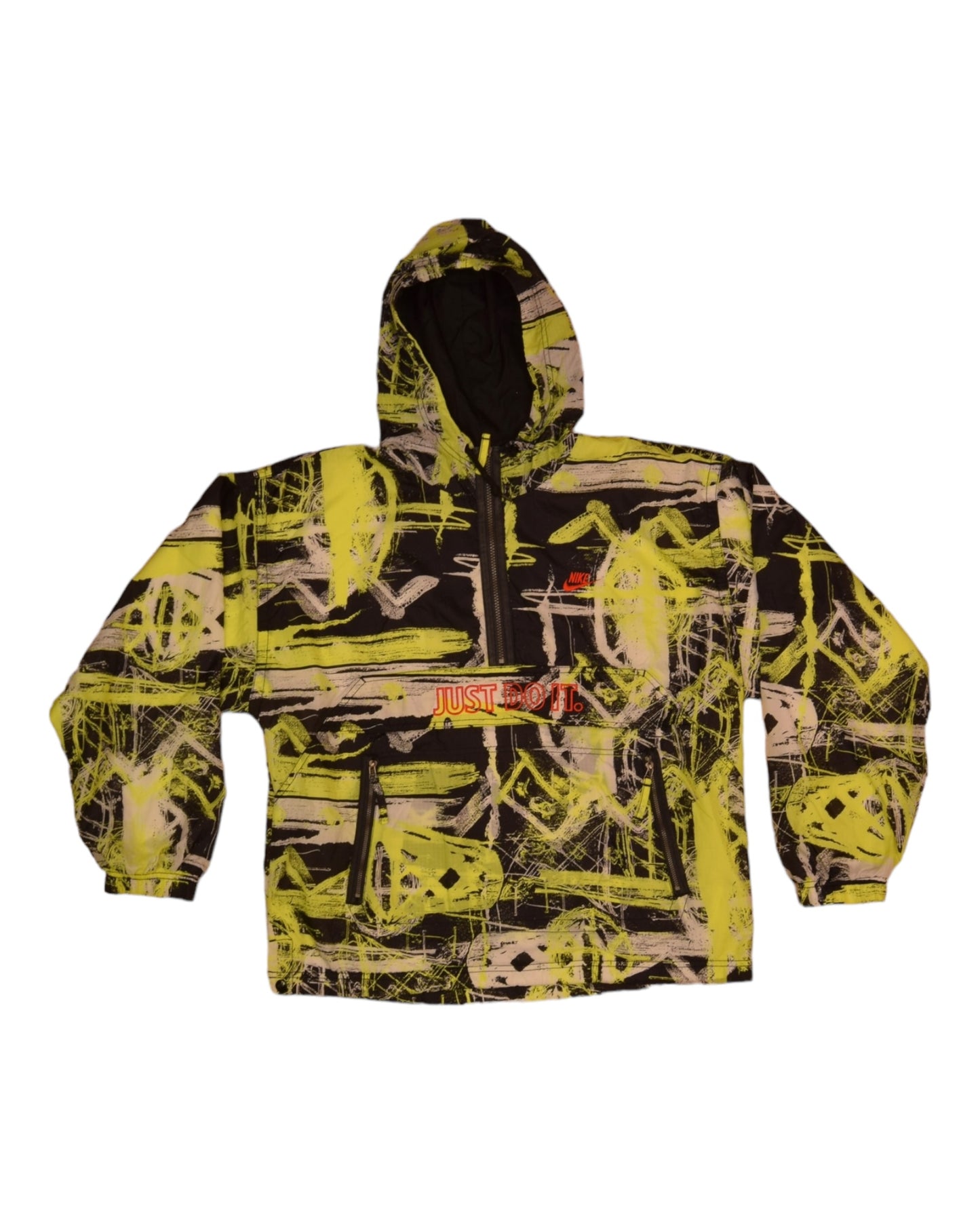 Vintage 90'S Nike Just Do It Hooded Shell Jacket Quarter 1/4 Zip Abstract Pattern Size M Black White Neon Yellow