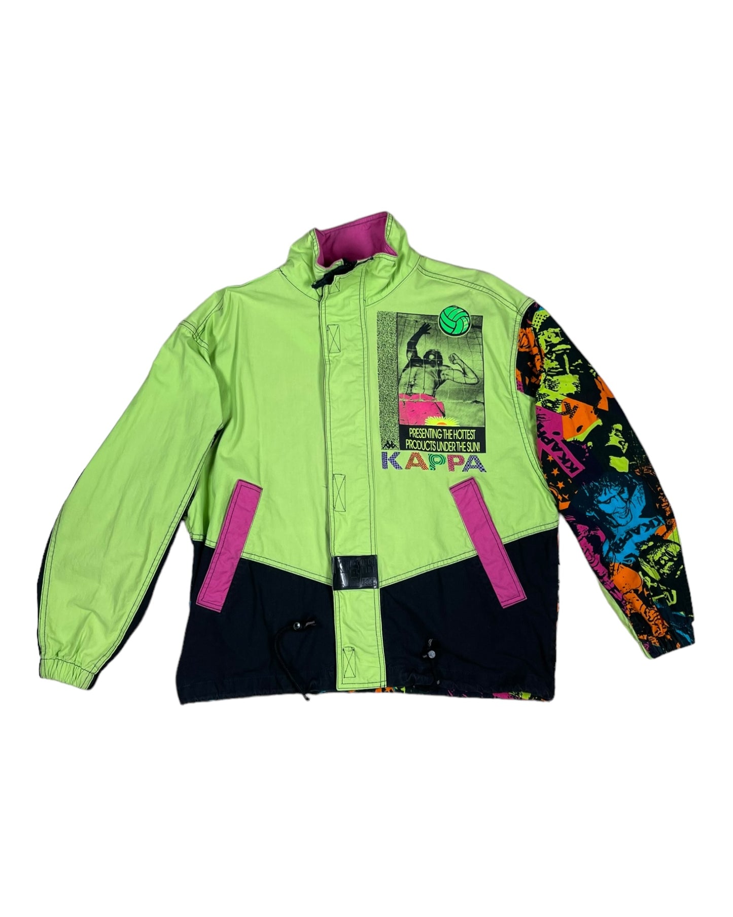 Vintage 80's Kappa Jacket Phosphorescent Green Black Volleyball Made in Italy Size M - L