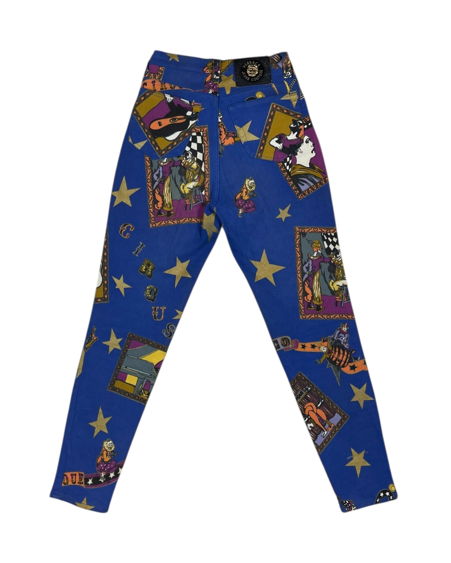Rare Vintage 90's Gianni Versace Jeans Couture Stretch High Waisted Circus Harlequin Super Model Fit Bleu marine Ittierre Made in Italy 31 45 Size S-M