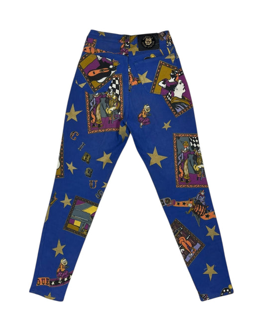 Rare Vintage 90's Gianni Versace Jeans Couture Stretch High Waisted Circus Harlequin Super Model Fit Bleu marine Ittierre Made in Italy 31 45 Size S-M