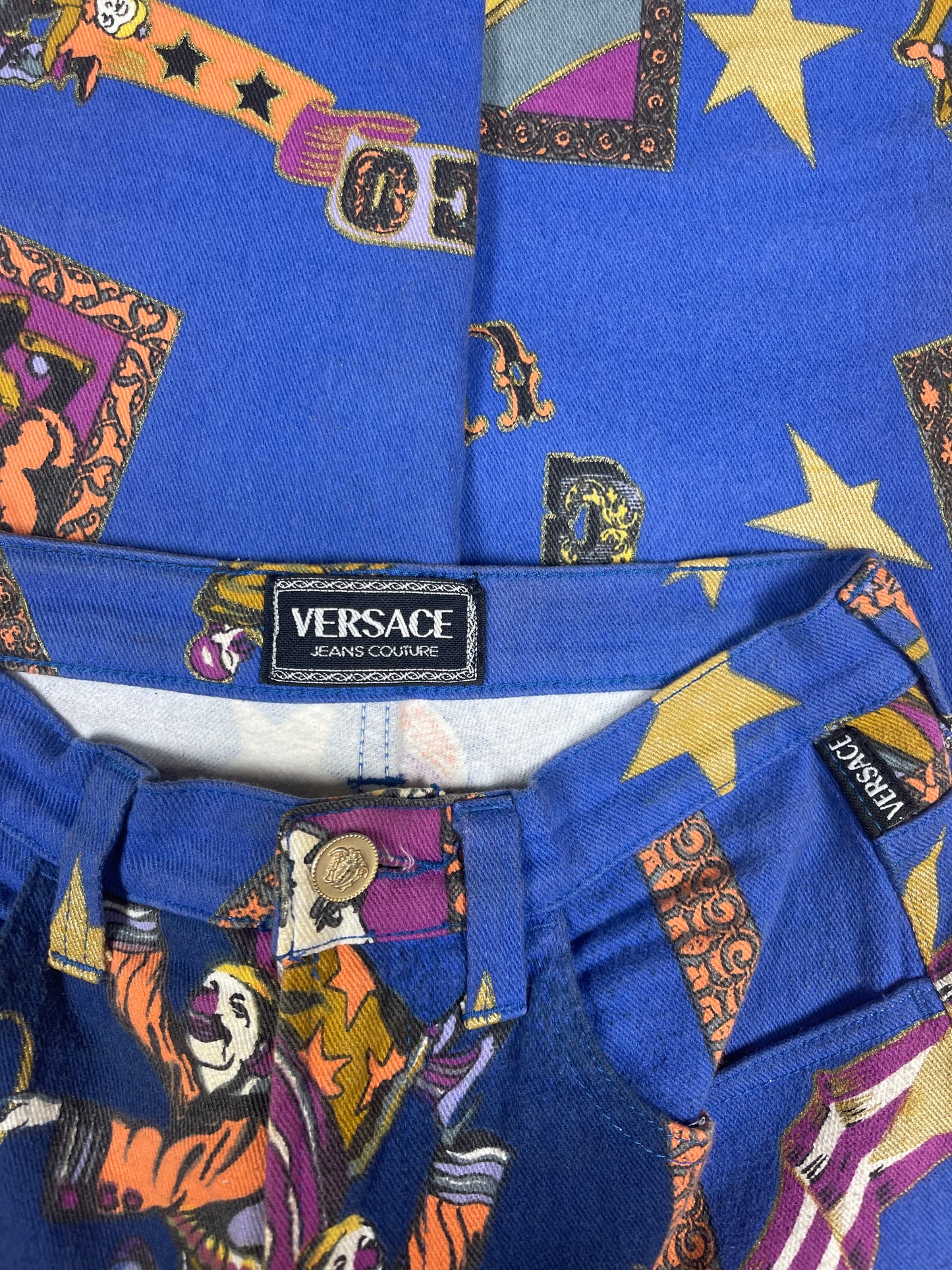 Rare Vintage 90's Gianni Versace Jeans Couture Stretch High Waisted Circus Harlequin Super Model Fit Bleu marine Ittierre Made in Italy 31 45 Size S-M