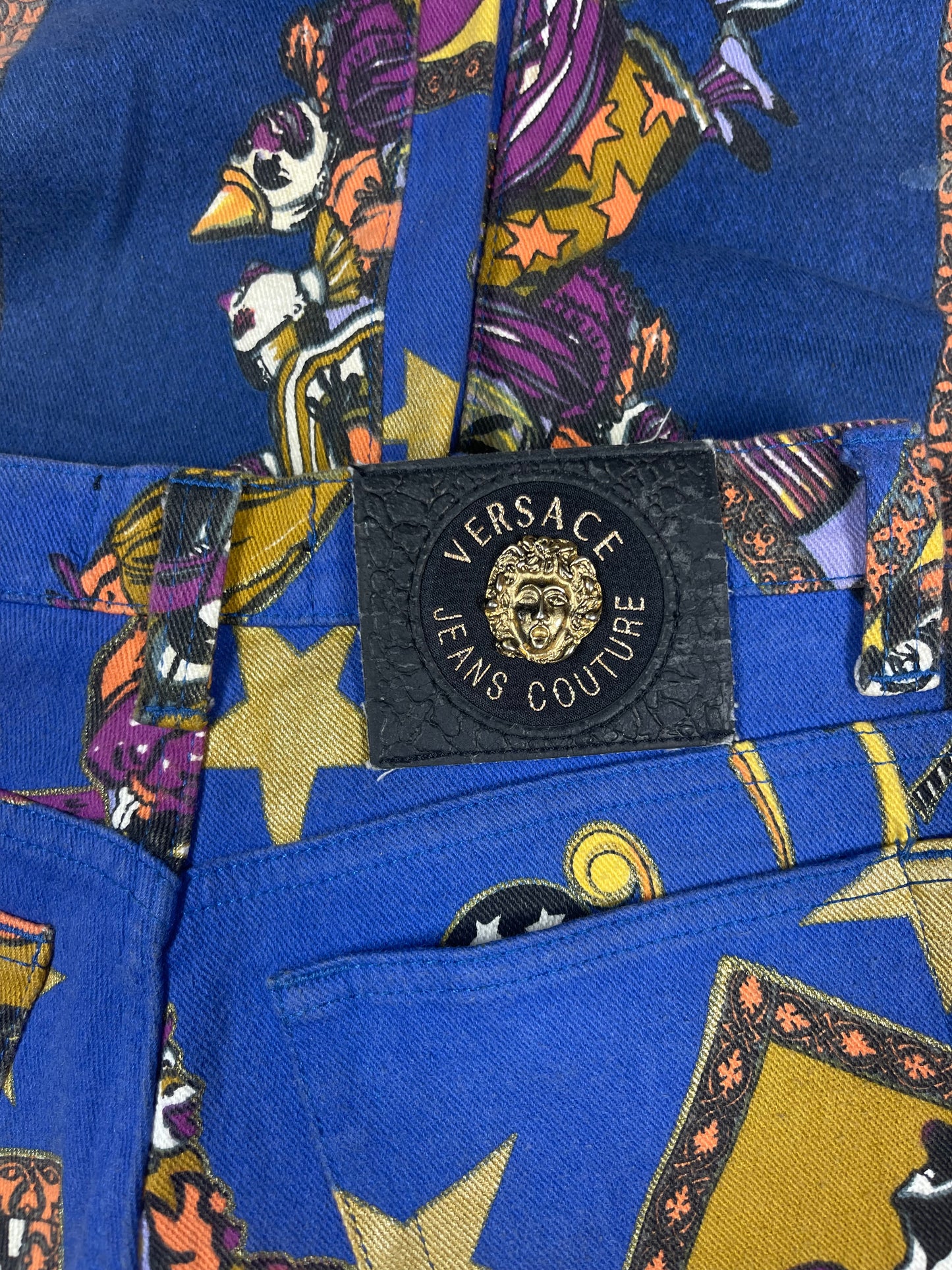Rare Vintage 90's Gianni Versace Jeans Couture Stretch High Waisted Circus Harlequin Super Model Fit Bleu marine Ittierre Made in Italy 31 45 Size S-M