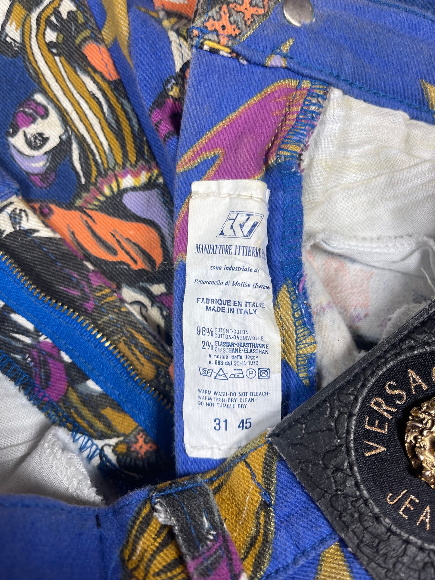 Rare Vintage 90's Gianni Versace Jeans Couture Stretch High Waisted Circus Harlequin Super Model Fit Bleu marine Ittierre Made in Italy 31 45 Size S-M