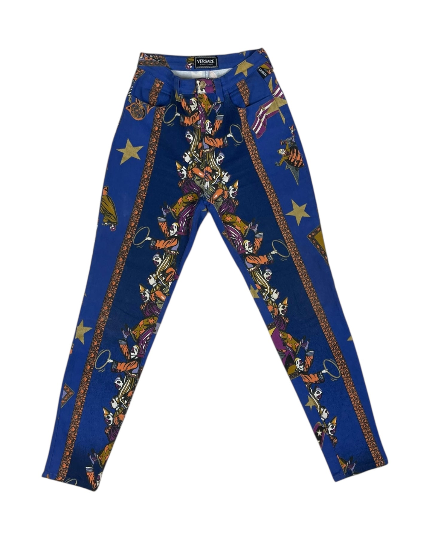 Rare Vintage 90's Gianni Versace Jeans Couture Stretch High Waisted Circus Harlequin Super Model Fit Bleu marine Ittierre Made in Italy 31 45 Size S-M