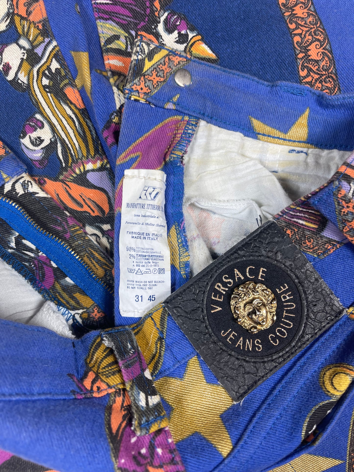 Rare Vintage 90's Gianni Versace Jeans Couture Stretch High Waisted Circus Harlequin Super Model Fit Bleu marine Ittierre Made in Italy 31 45 Size S-M
