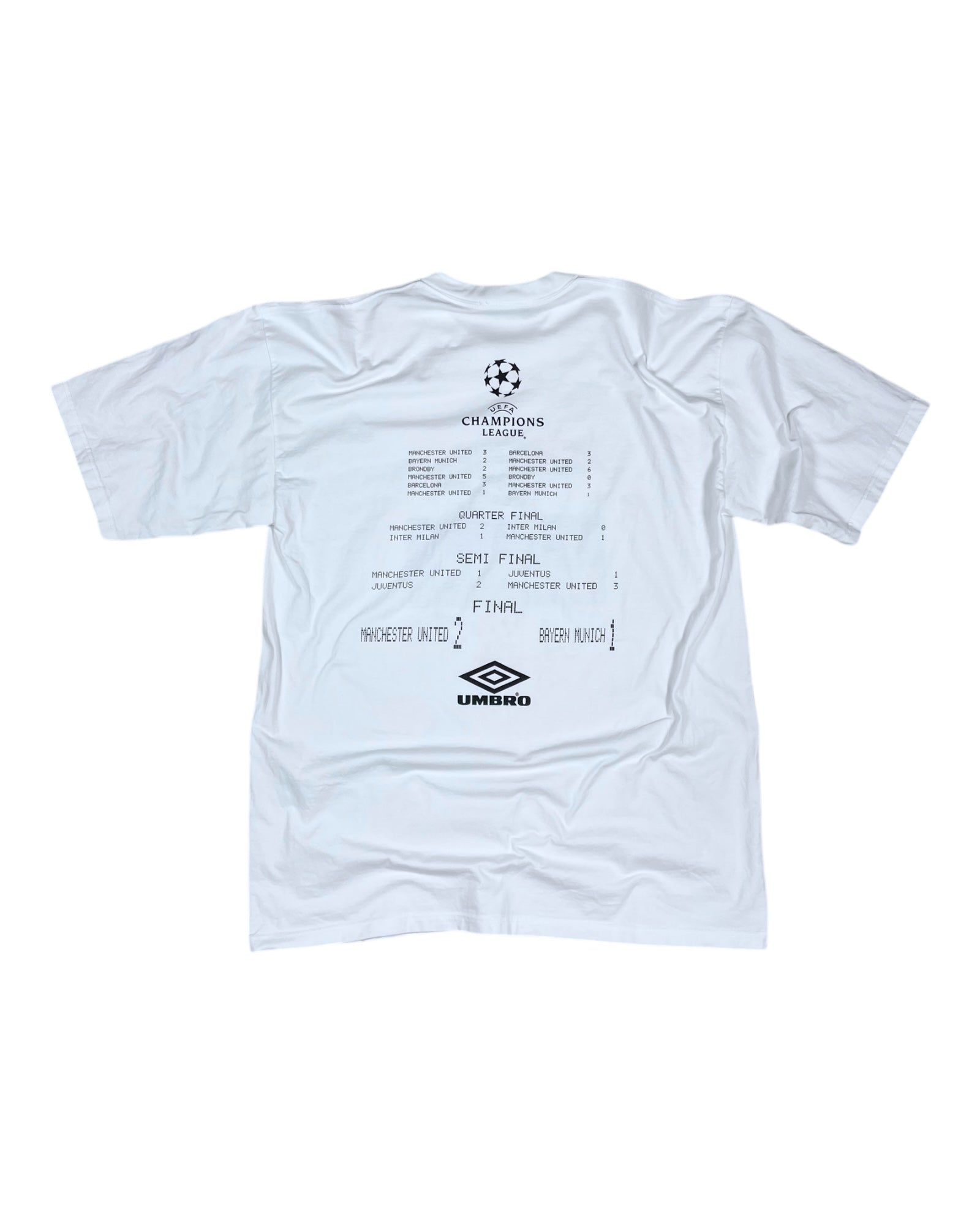 Umbro T-Shirt 1999 European Champions Manchester United 2 Bayern Munchen 1 UEFA Champions League Barcelona Sheringam Solskjaer Basler Size XL White