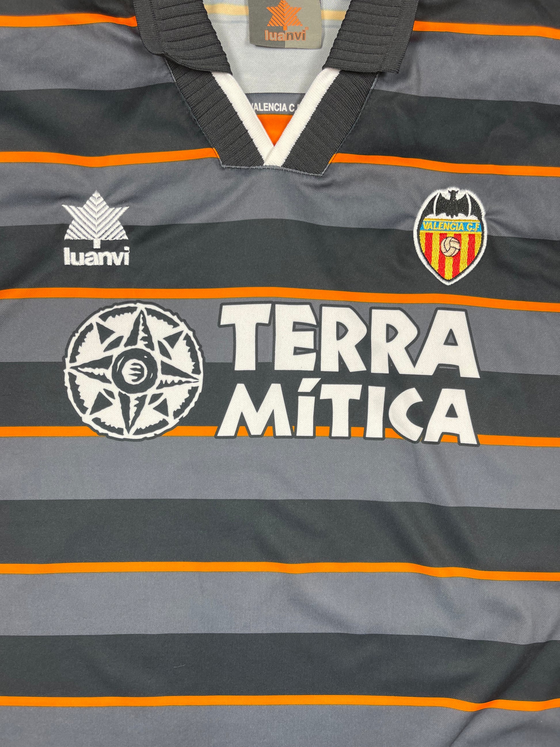 Vintage 90's Valencia Luanvi 1999-2000 Third Football Shirt Terra Mitica Made in UE Grey Black Orange Size L