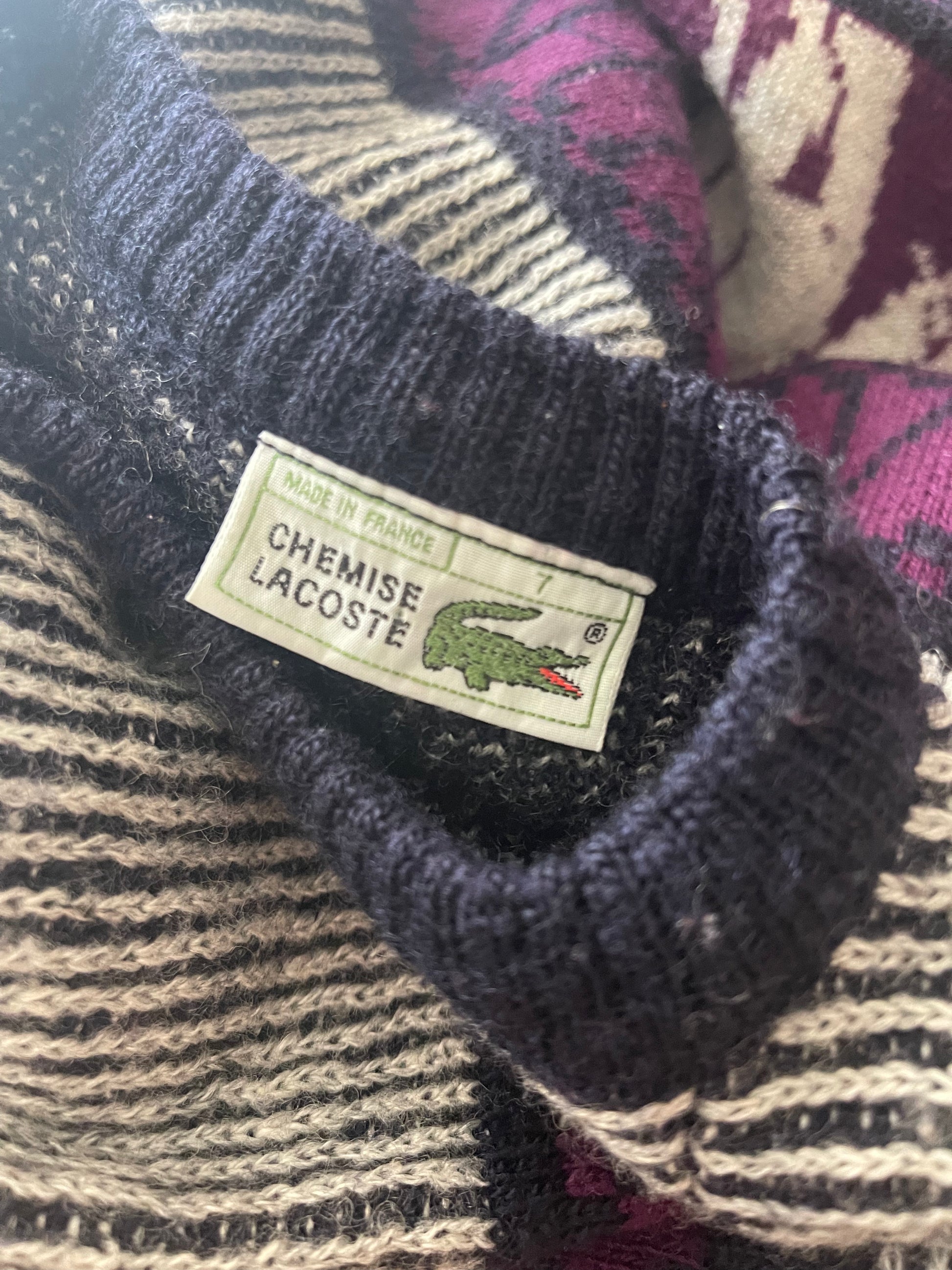 Vintage 80's Lacoste Chemise Jumper Made In France Elephants Pattern Wool Size L-XL Grey Purple