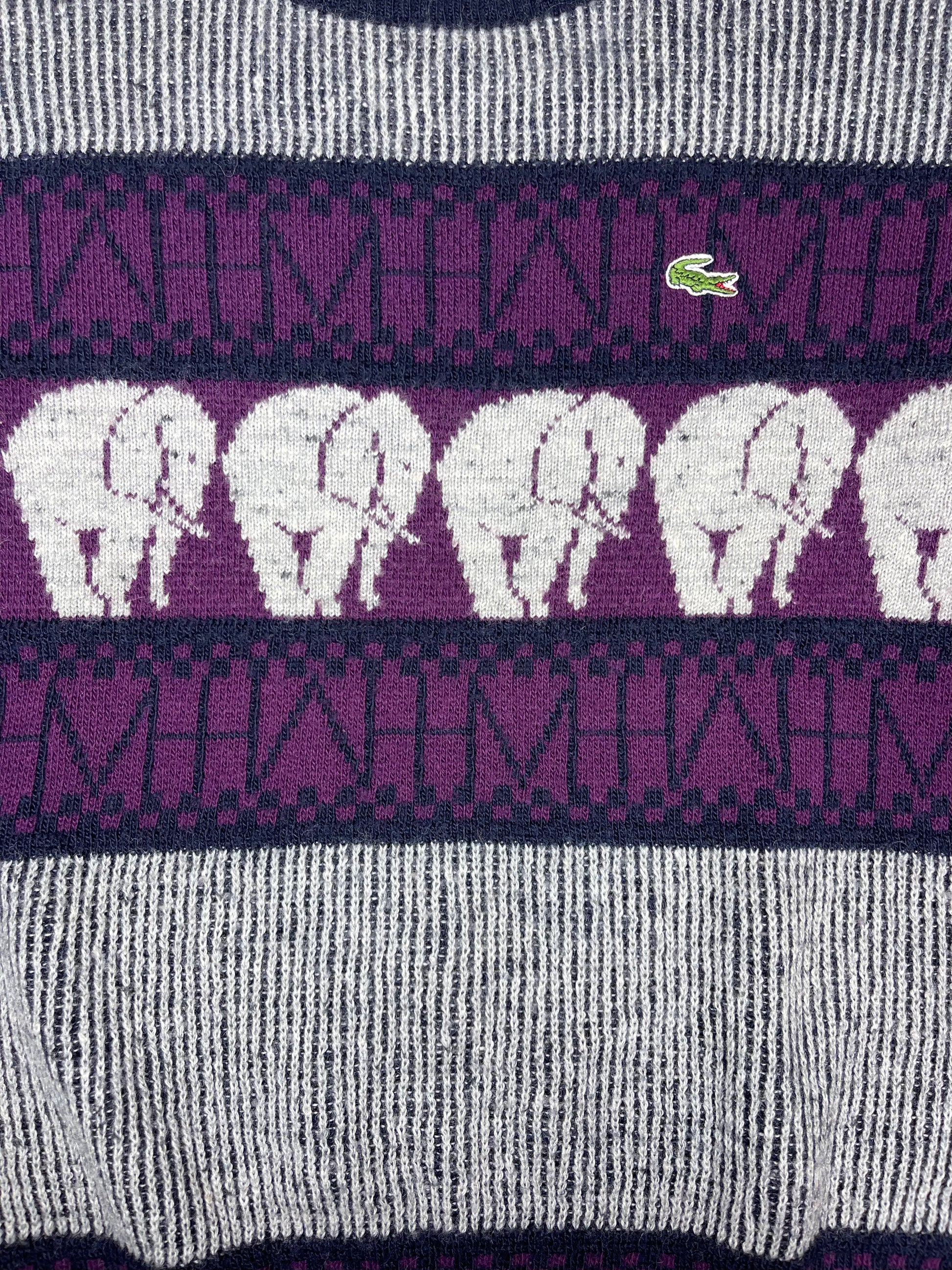 Vintage 80's Lacoste Chemise Jumper Made In France Elephants Pattern Wool Size L-XL Grey Purple