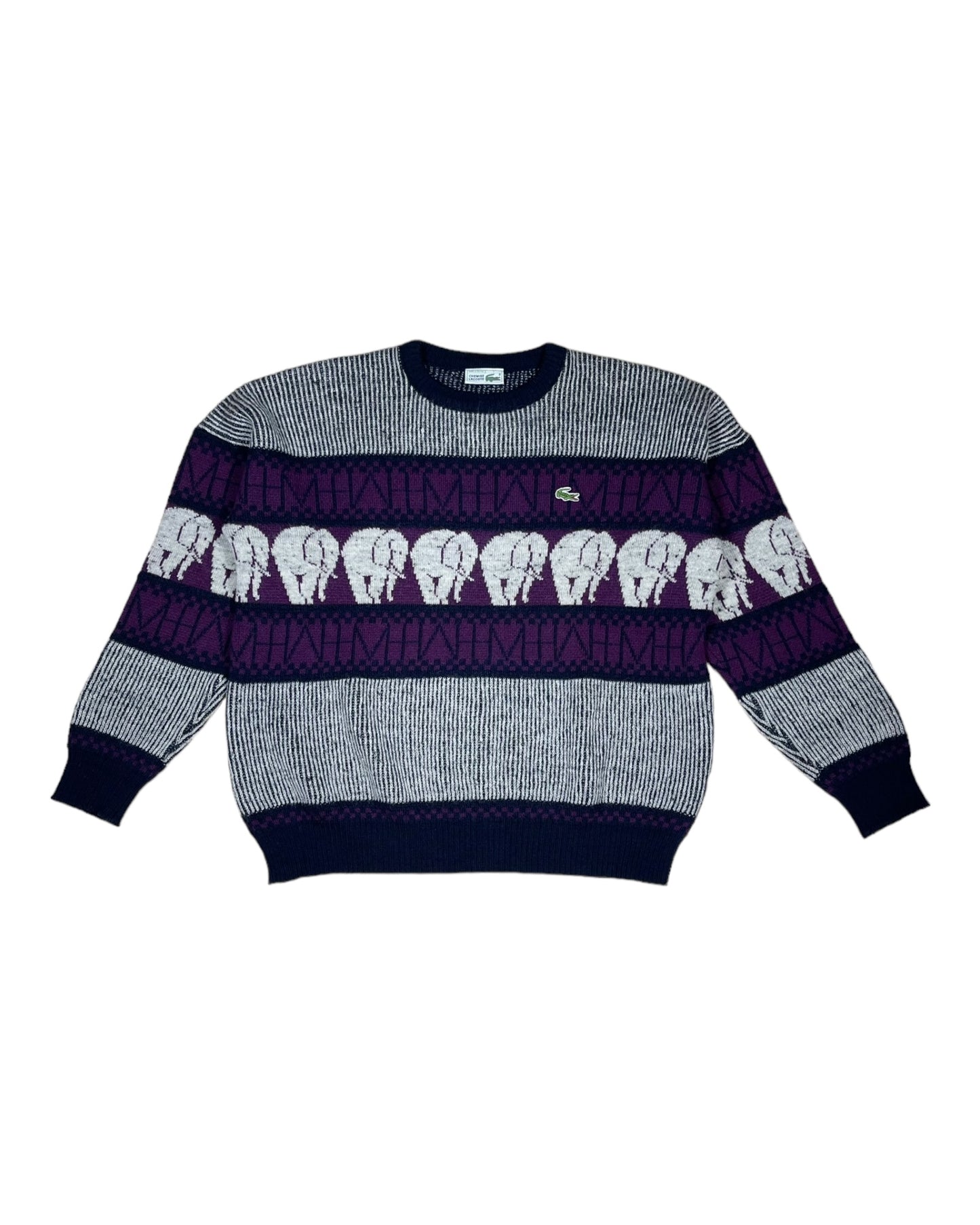 Vintage 80's Lacoste Chemise Jumper Made In France Elephants Pattern Wool Size L-XL Grey Purple