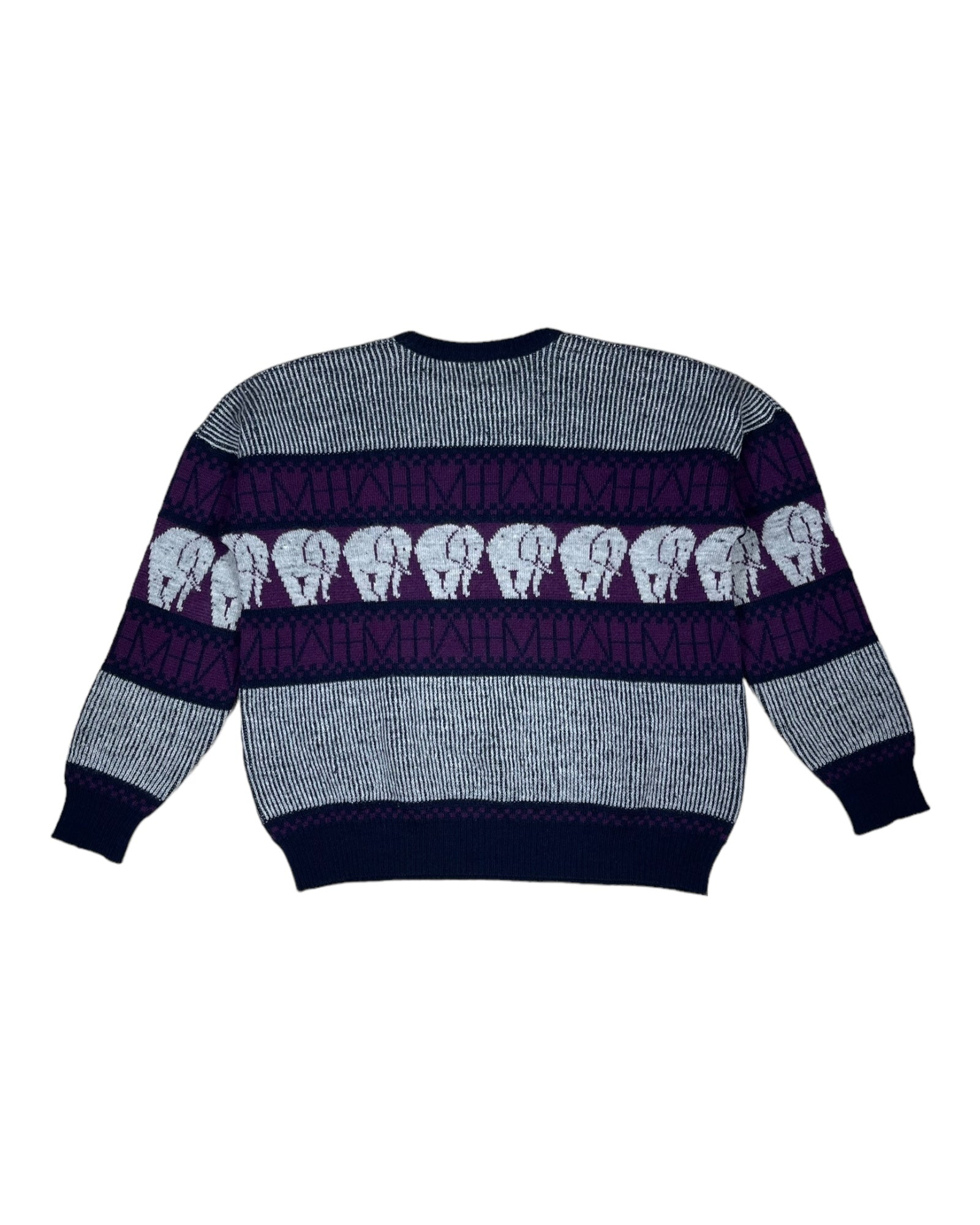 Vintage 80's Lacoste Chemise Jumper Made In France Elephants Pattern Wool Size L-XL Grey Purple