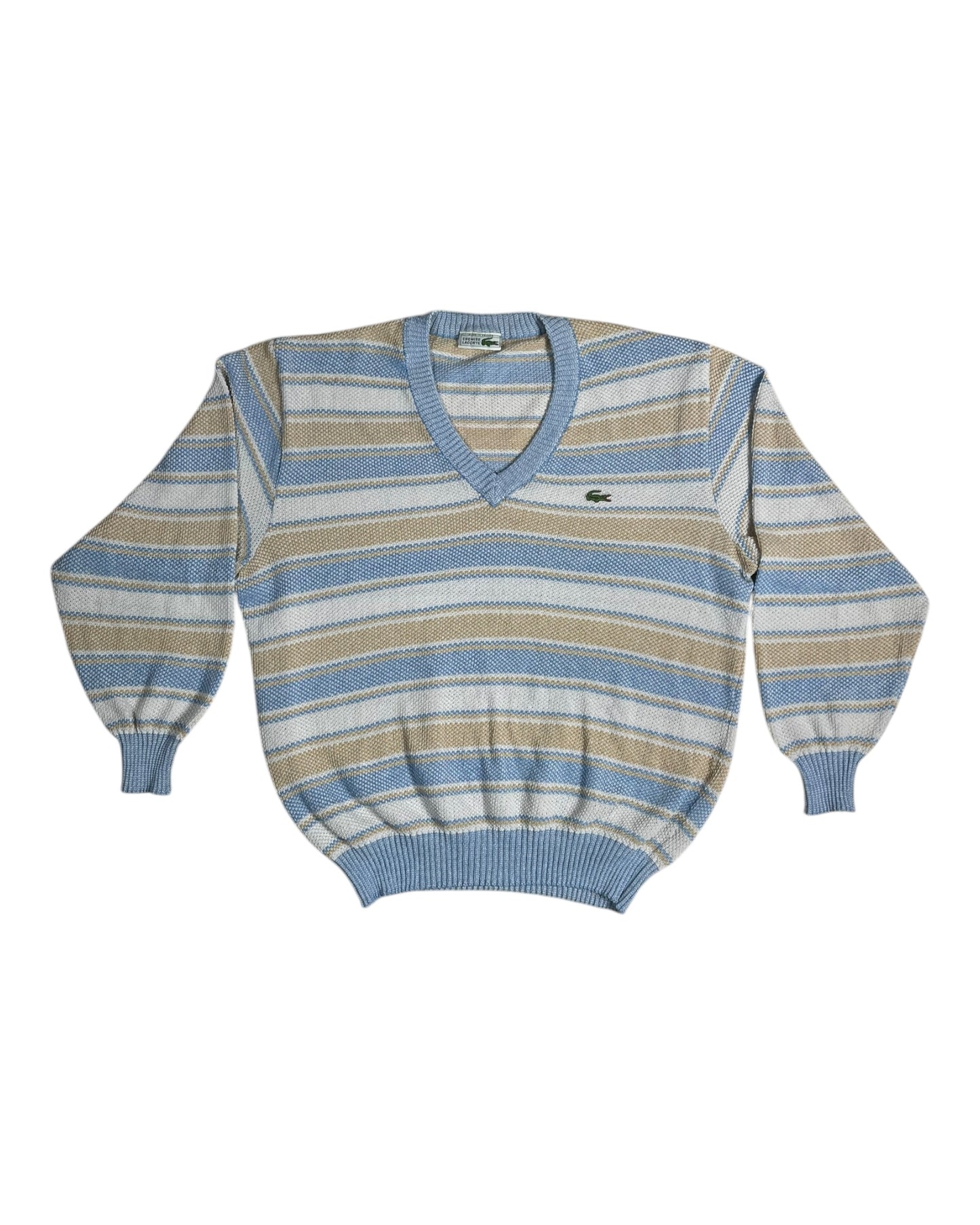 Vintage 80's Lacoste Chemise Jumper V Neck Made in France Size M Stripes