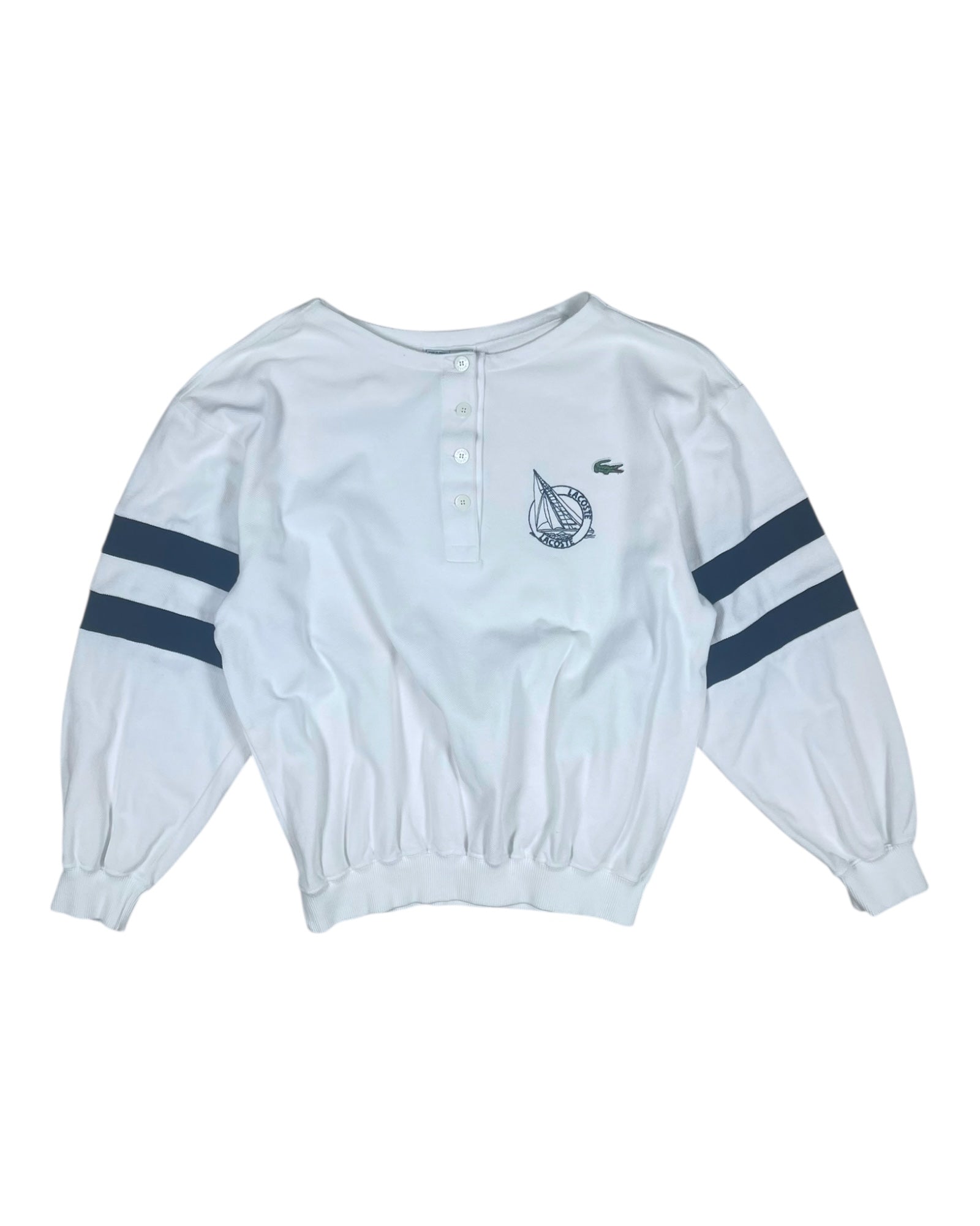 Vintage 80's Lacoste Chemise Pique Sailing Sweatshirt Size S M L Boxy White Blue Made in France