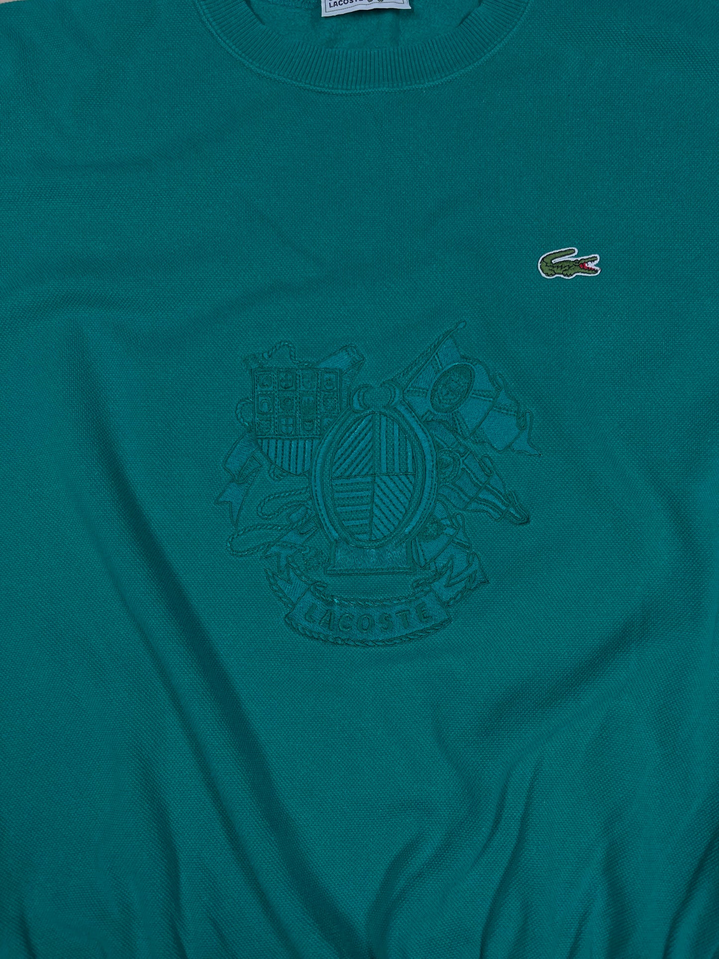 Vintage 80's Lacoste Chemise Sweatshirt Crew Neck Green Size M - L Embroidered Crest 100% Cotton