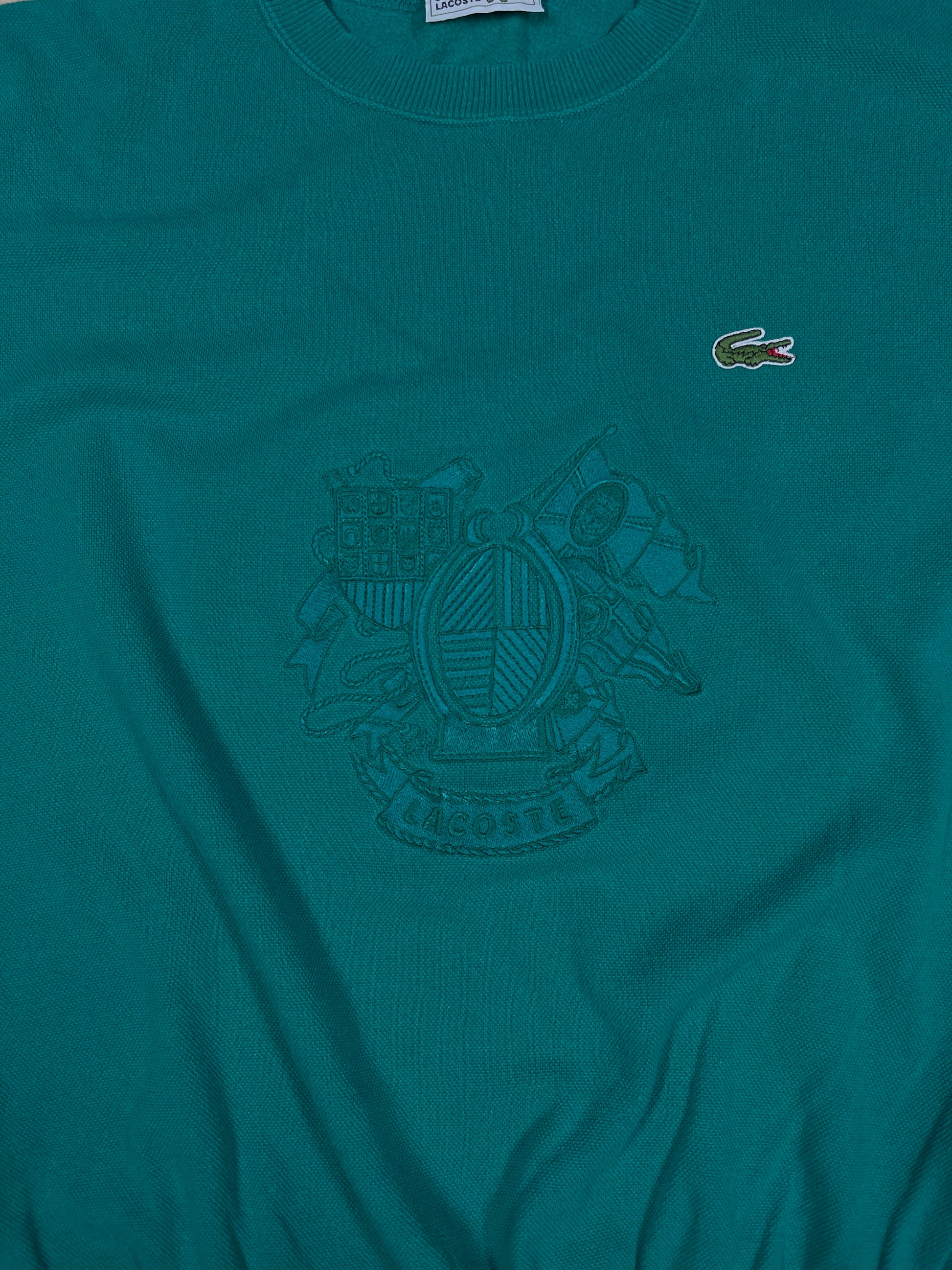 Vintage 80's Lacoste Chemise Sweatshirt Crew Neck Green Size M - L Embroidered Crest 100% Cotton