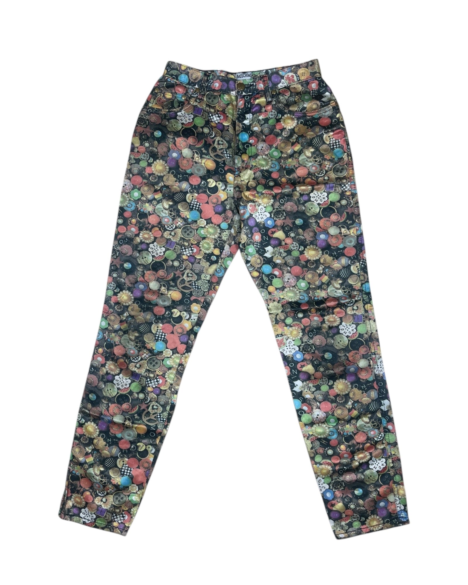 Vintage 90's Moschino Pants Trousers Made in Italy Cotton Rayon Shiny Buttons Pattern Size 29